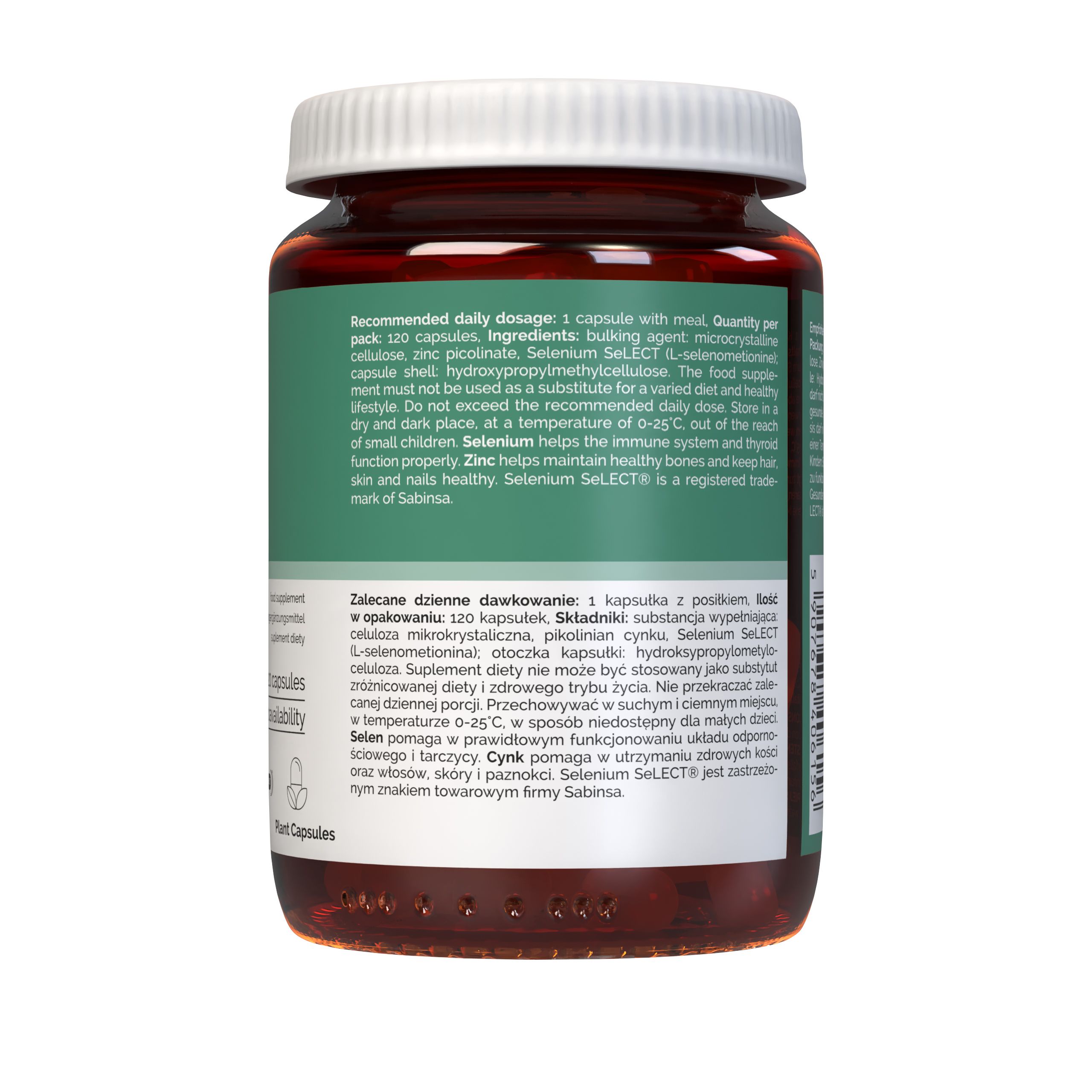 Rückseite einer Vitaler's Zink + Organisches Selen Kapseldose mit Anwendungshinweisen und Inhaltsstoffen.