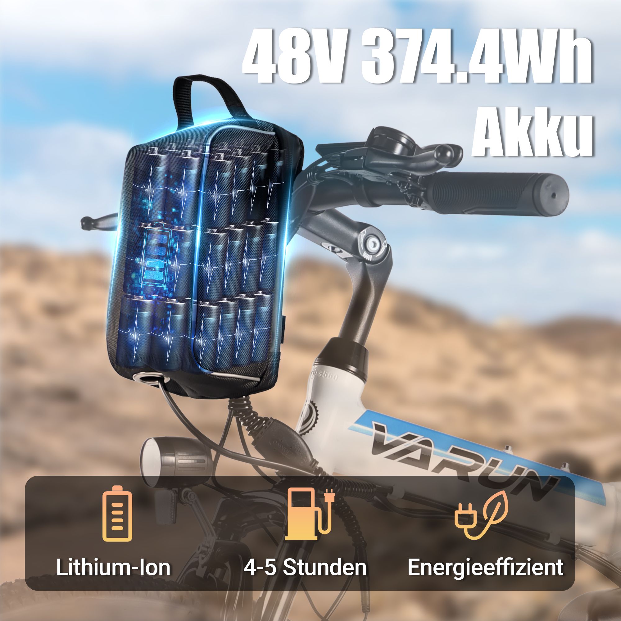 E-Bike-Akku 48V 374,4Wh. Lithium-Ionen-Akku, Ladezeit 4-5 Stunden, energieeffizient.