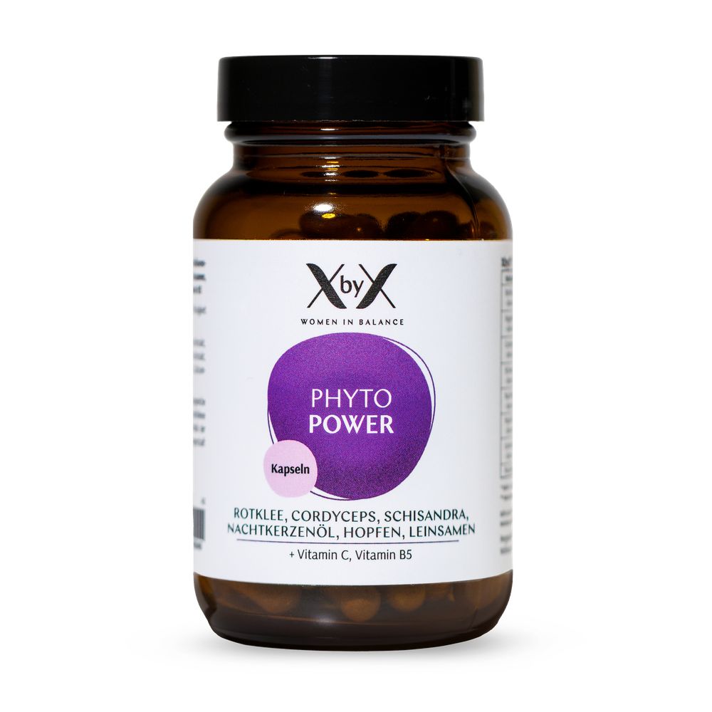 XbyX Phyto Power Kapsel-Flasche auf weißem Hintergrund, mit schwarzem Deckel und weißem Etikett.