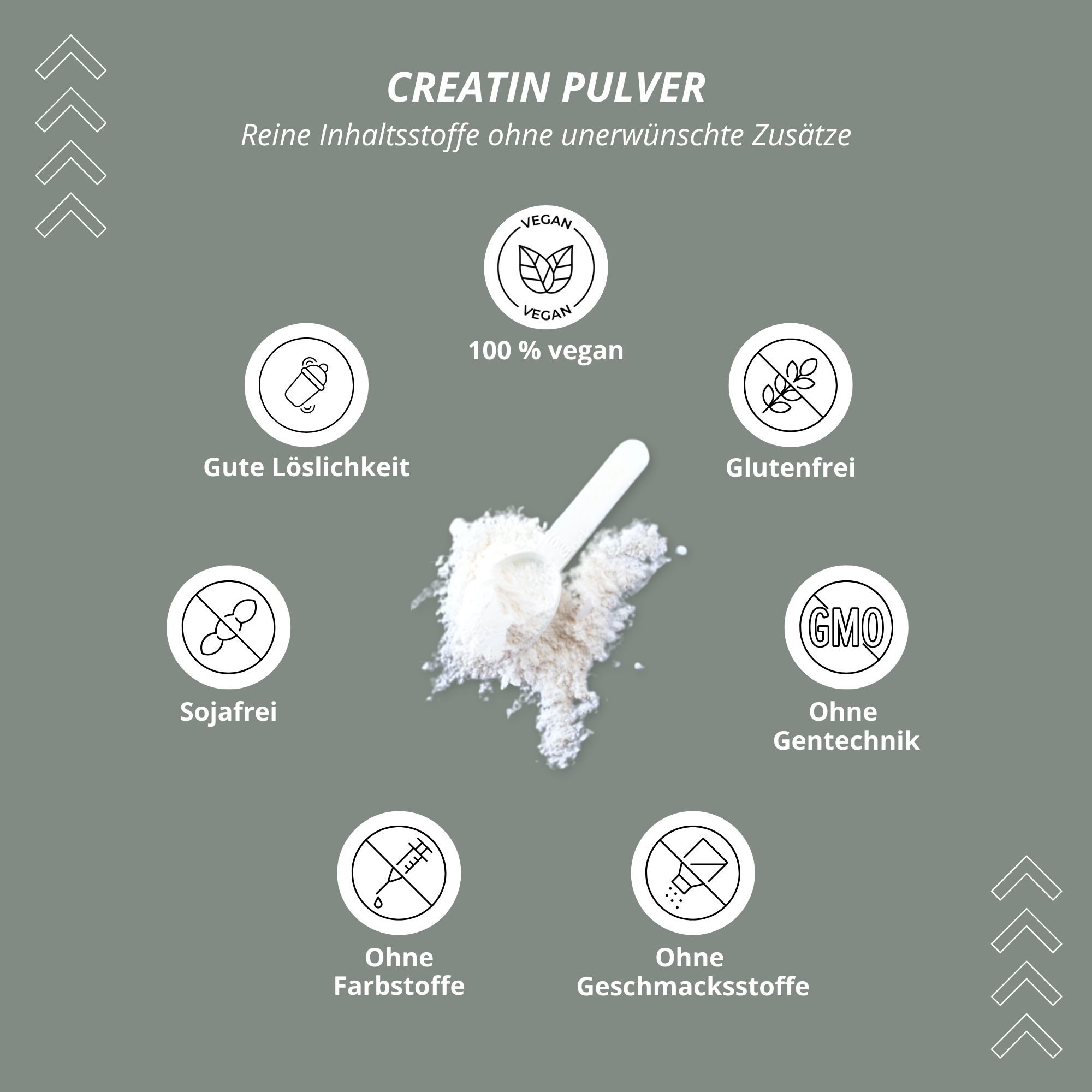 Grafik mit 'CREATIN Pulver'. Icons: vegan, gute Löslichkeit, glutenfrei, sojafrei, ohne Gentechnik, ohne Farbstoffe, ohne Geschmacksstoffe.