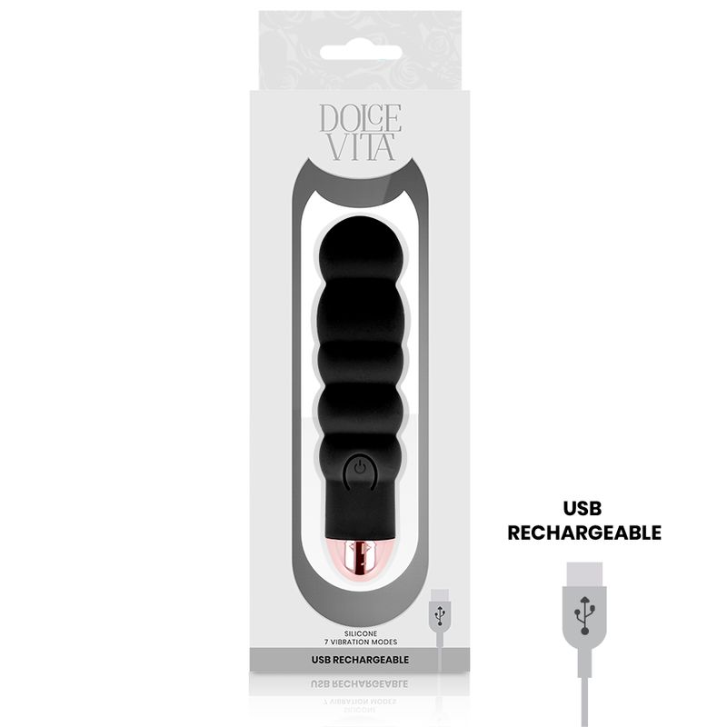 Schwarzer Silikon-Vibrator in Verpackung. Rosa Akzente. USB-Ladefunktion. Dolce Vita Logo und USB-Symbol.
