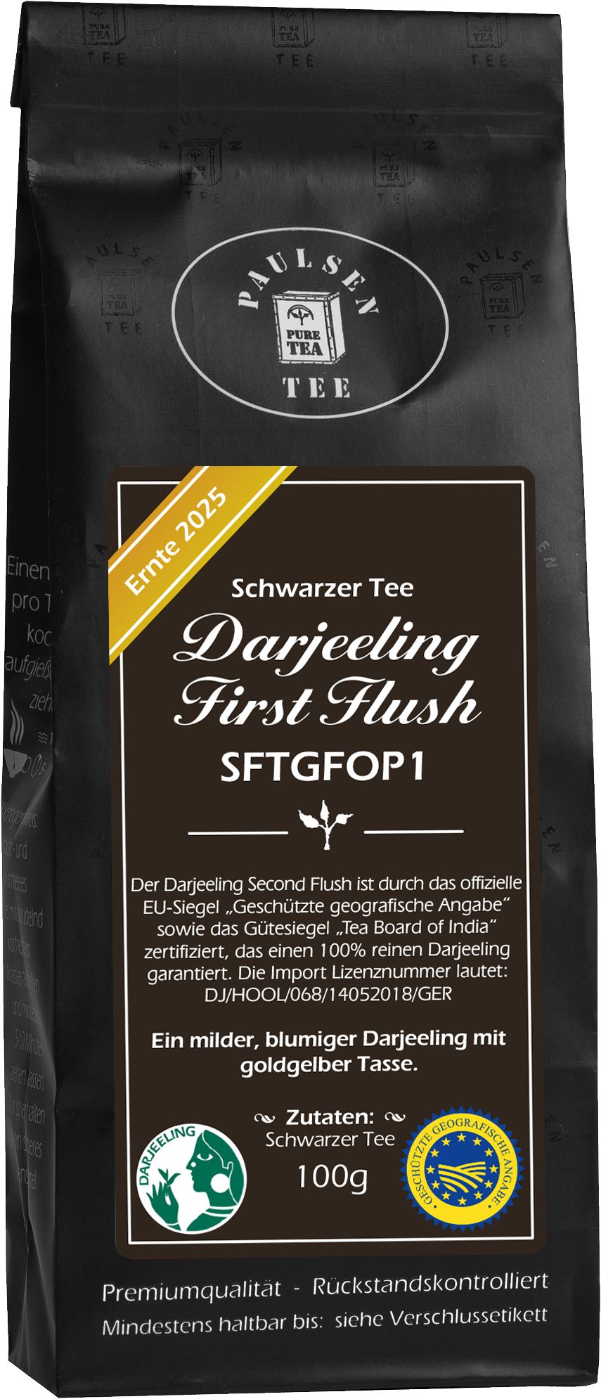 Schwarzer Tee Darjeeling First Flush FTGFOP1 in schwarzer Verpackung. Mit Siegel und Text: Ernte 2025, 100g.
