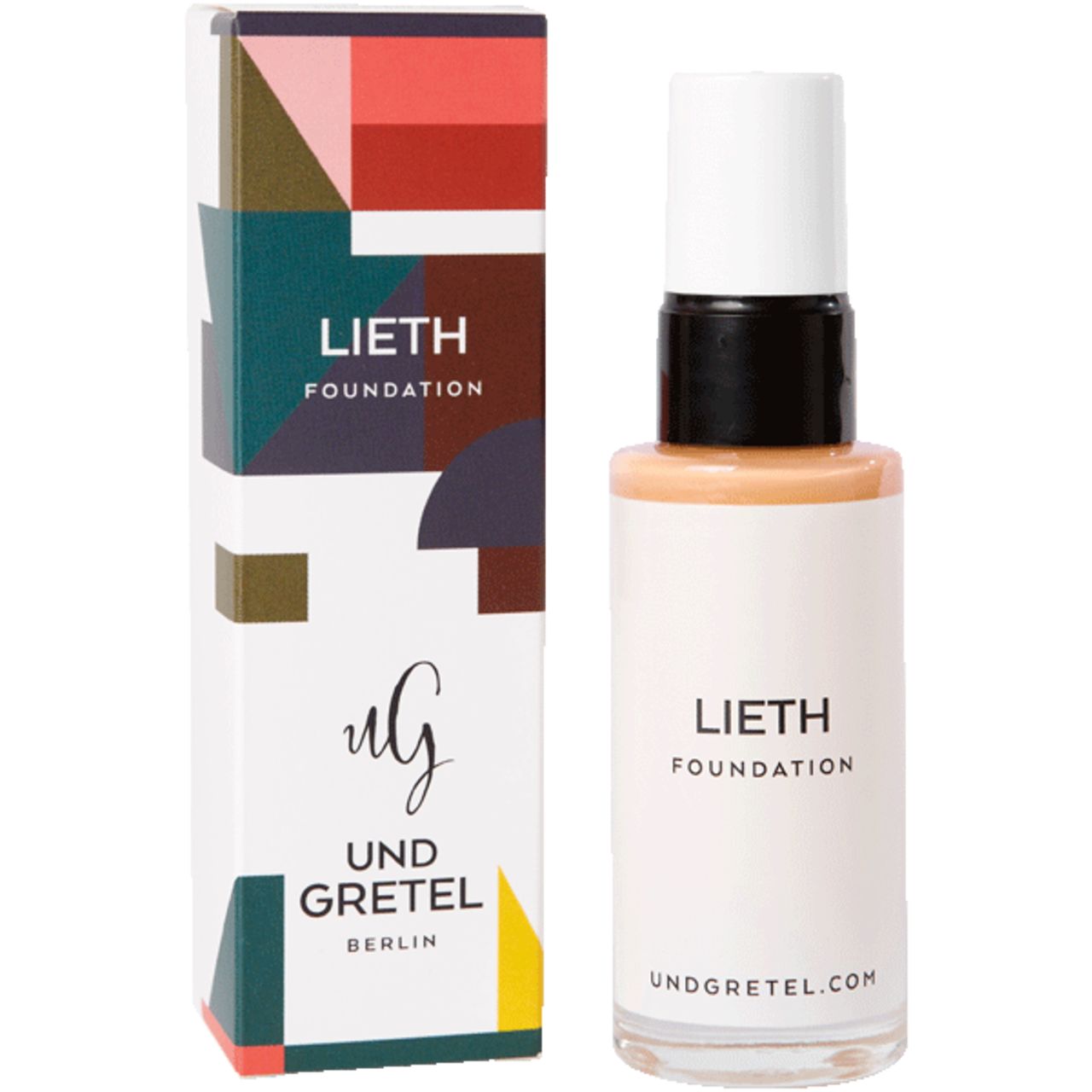 Make-up-Flakon und Verpackung. Aufschrift: LIETH FOUNDATION. Logo: UG UND GRETEL BERLIN. UNDGRETEL.COM.