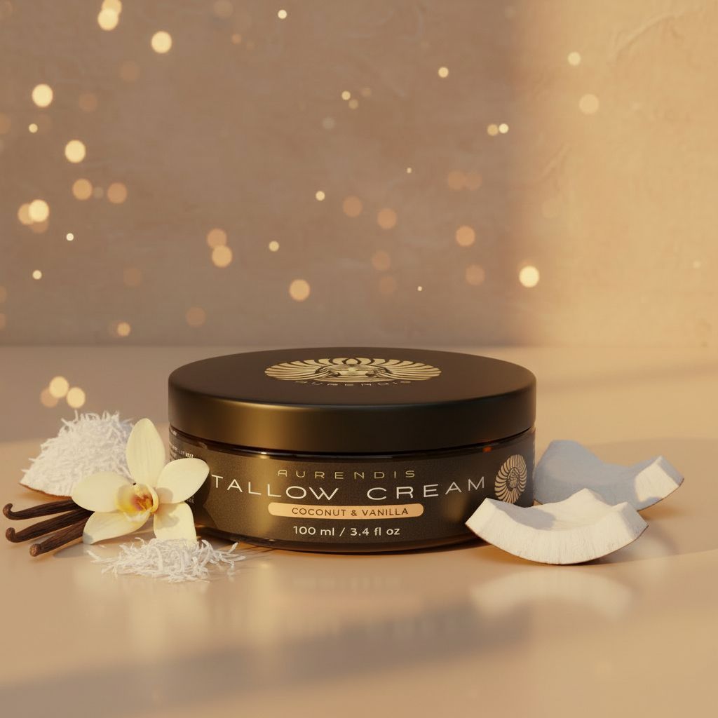 Zwei Tiegel Tallow Creme, Deckel daneben. Aufschrift: Tallow Cream, Coconut & Vanilla, 100 ml / 3.4 fl oz.