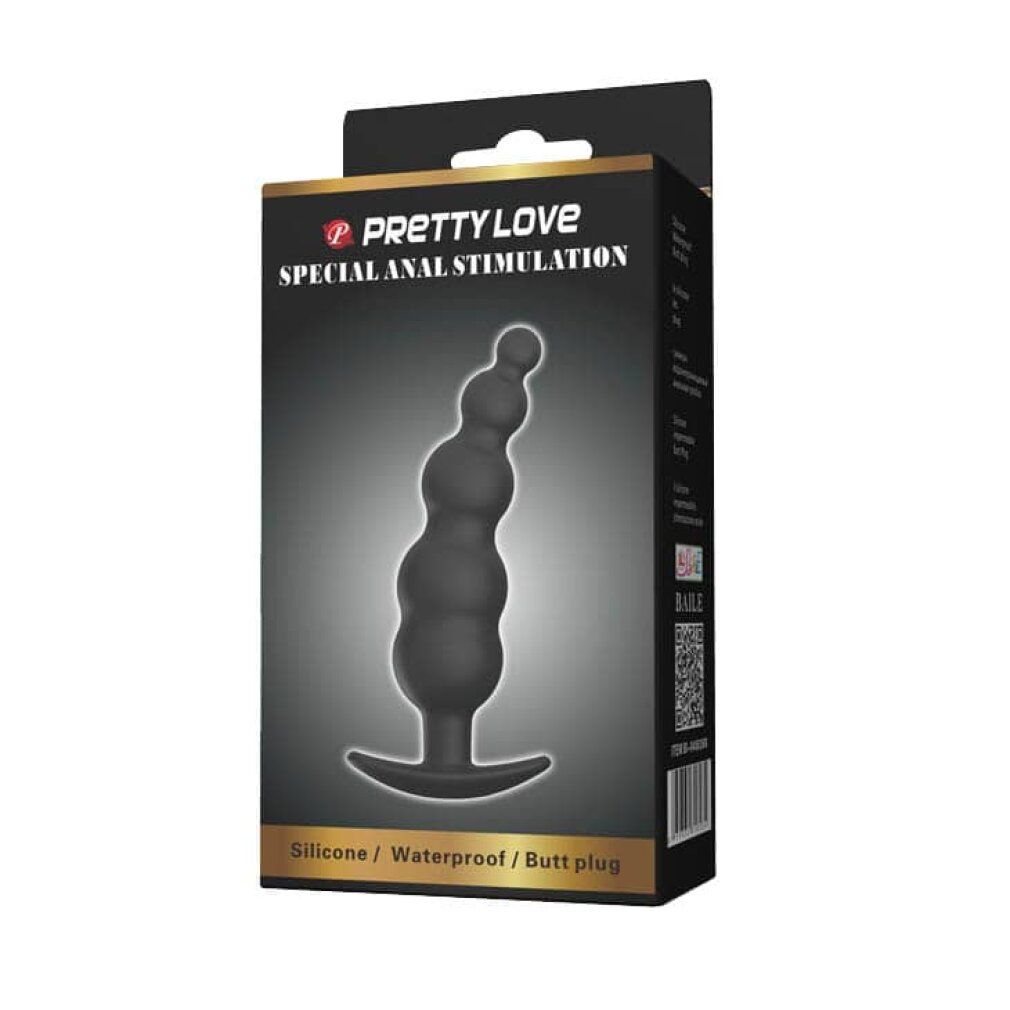 Schwarzer Analplug in Verpackung. Verpackung mit Logo und Text: "Special Anal Stimulation", "Silicone / Waterproof / Butt plug".