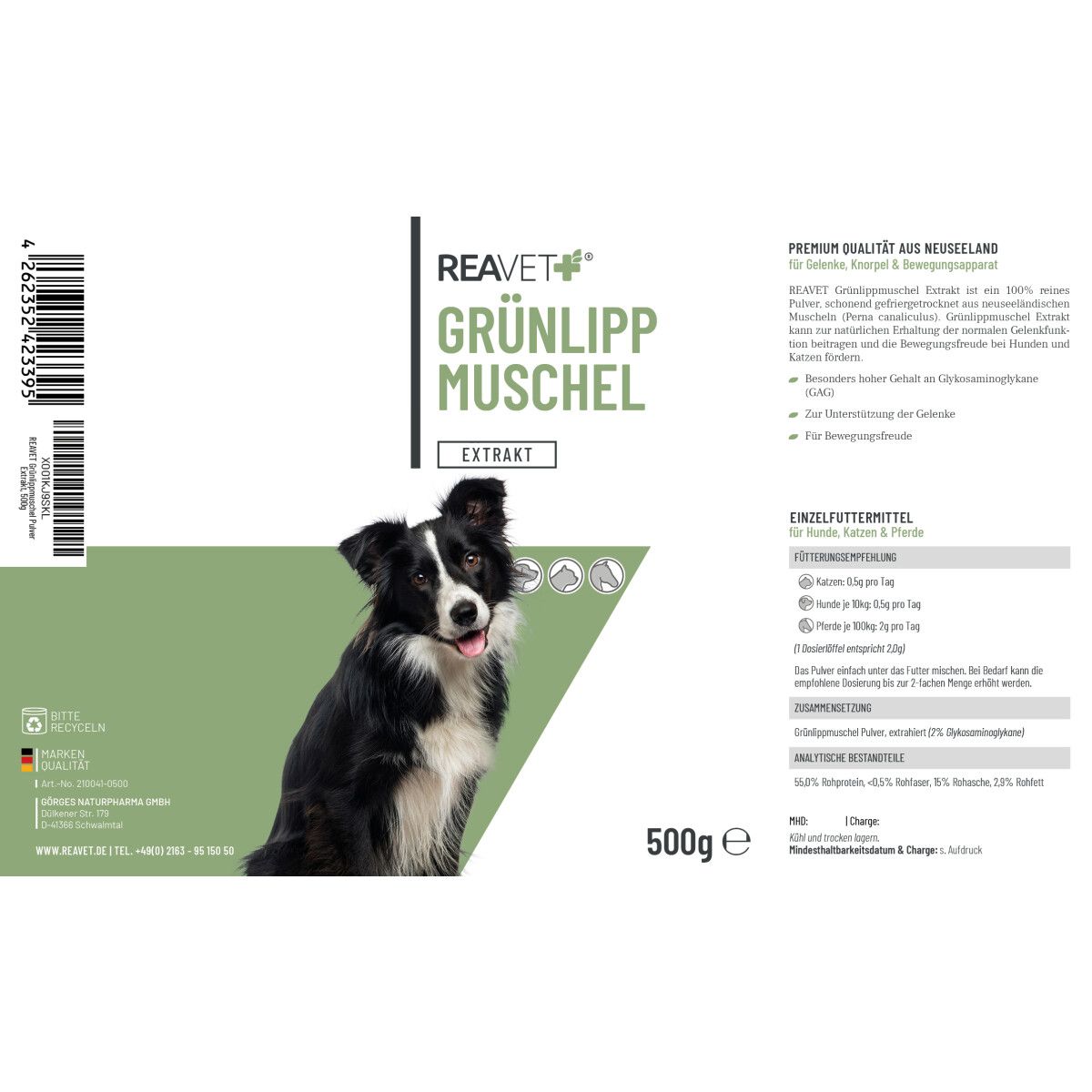Produktverpackung mit grünem Etikett. Text: REAVET, Grünlippmuschel Extrakt. Hund abgebildet. 500g.