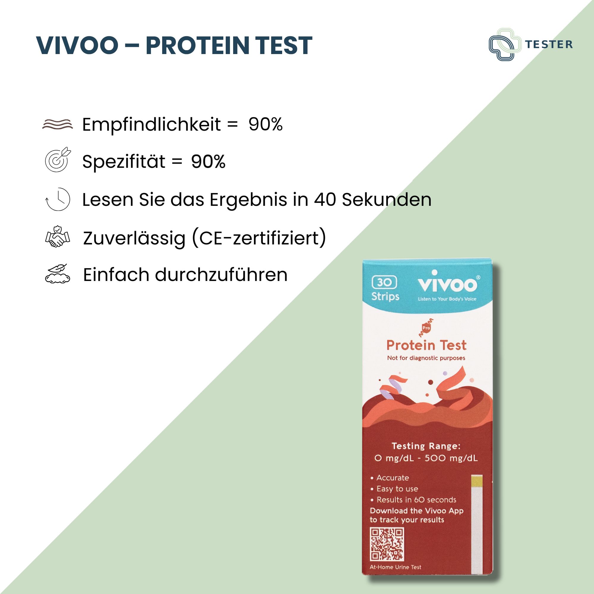 Vivoo Protein Test. Packung mit 30 Teststreifen. Testbereich: 0-500 mg/dL. Ergebnisse in 60 Sekunden.