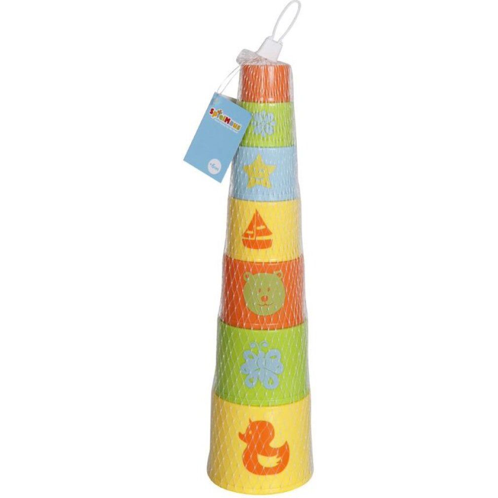 Stapelturm aus farbigen Bechern mit Tier- und Bootsmotiven. In Netz verpackt, mit Anhänger.