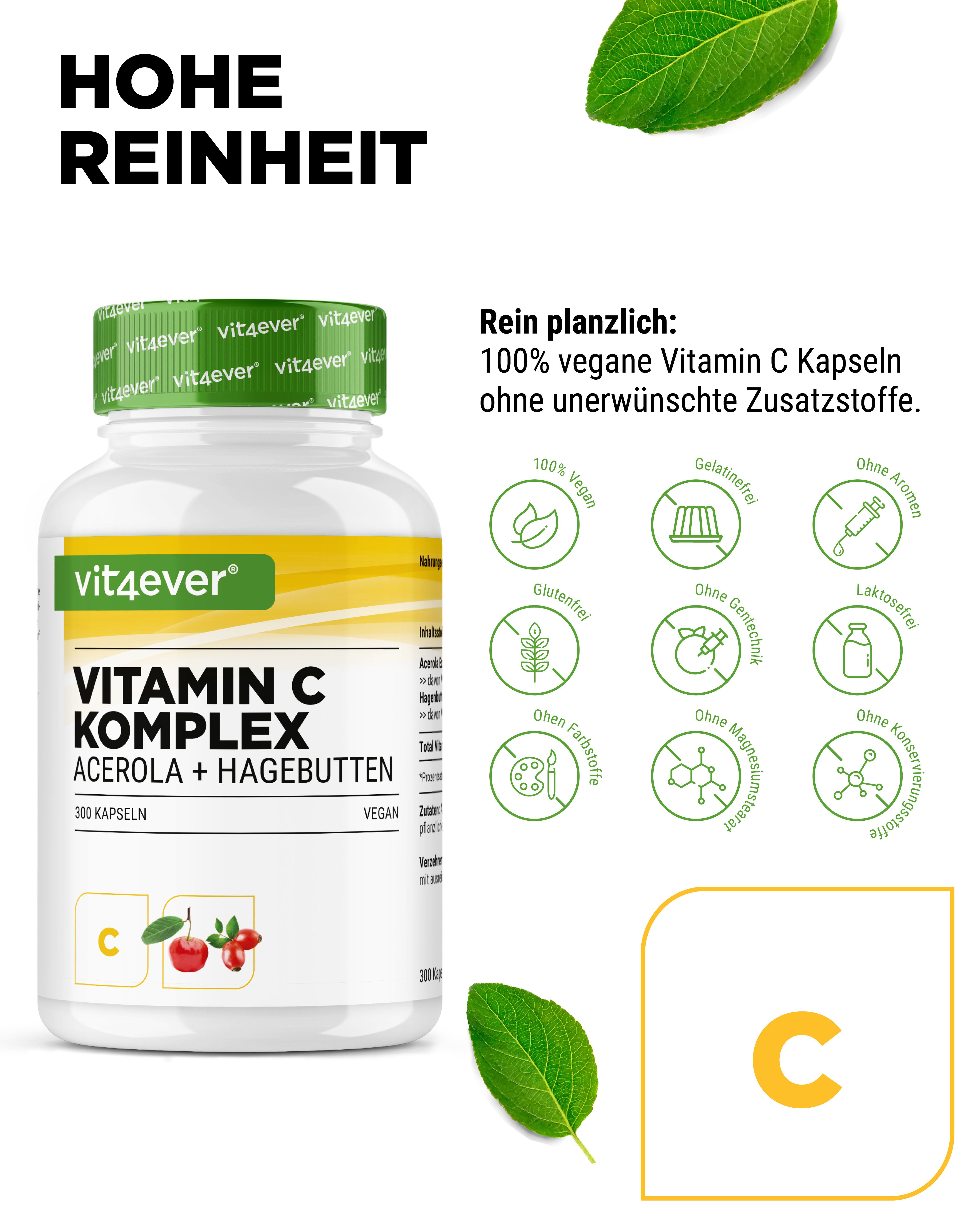 Produktflasche mit Aufschrift Vitamin C Komplex, Acerola + Hagebutten. Text: Hohe Reinheit. 100% vegane Kapseln ohne Zusatzstoffe.