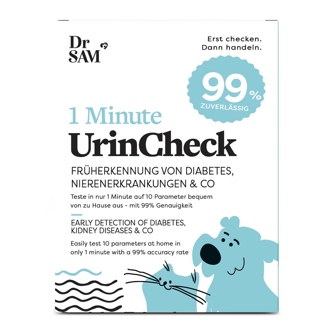 Verpackung von Dr. SAM 1-Minute UrinCheck. Text: 1 Minute UrinCheck, 99% zuverlässig. Illustrationen von Hund und Katze.