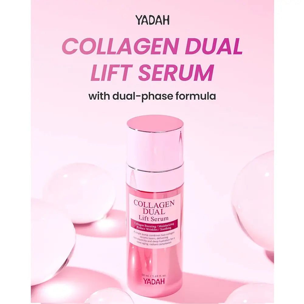 YADAH Collagen Dual Lift Serum Flasche mit dekorativen Kugeln.