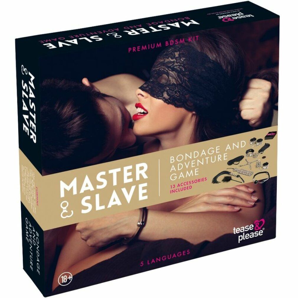 Verpackung für ein BDSM-Spiel. Enthält 13 Zubehörteile. Aufschrift: MASTER & SLAVE. Marke: Tease & Please. Ab 18 Jahren. Mehrsprachig.