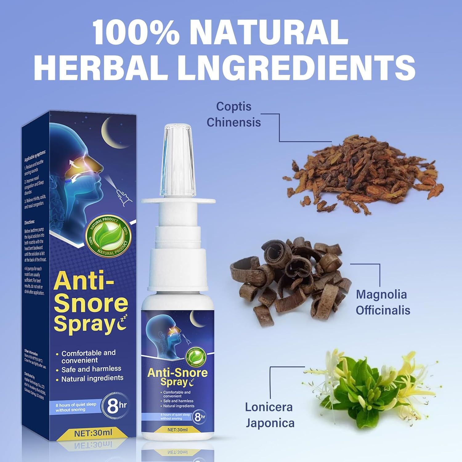 Nasenspray, Verpackung und Kräuter. Aufschrift: Anti-Schnarch Spray. Kräuter: Coptis Chinensis, Magnolia Officinalis, Lonicera Japonica.