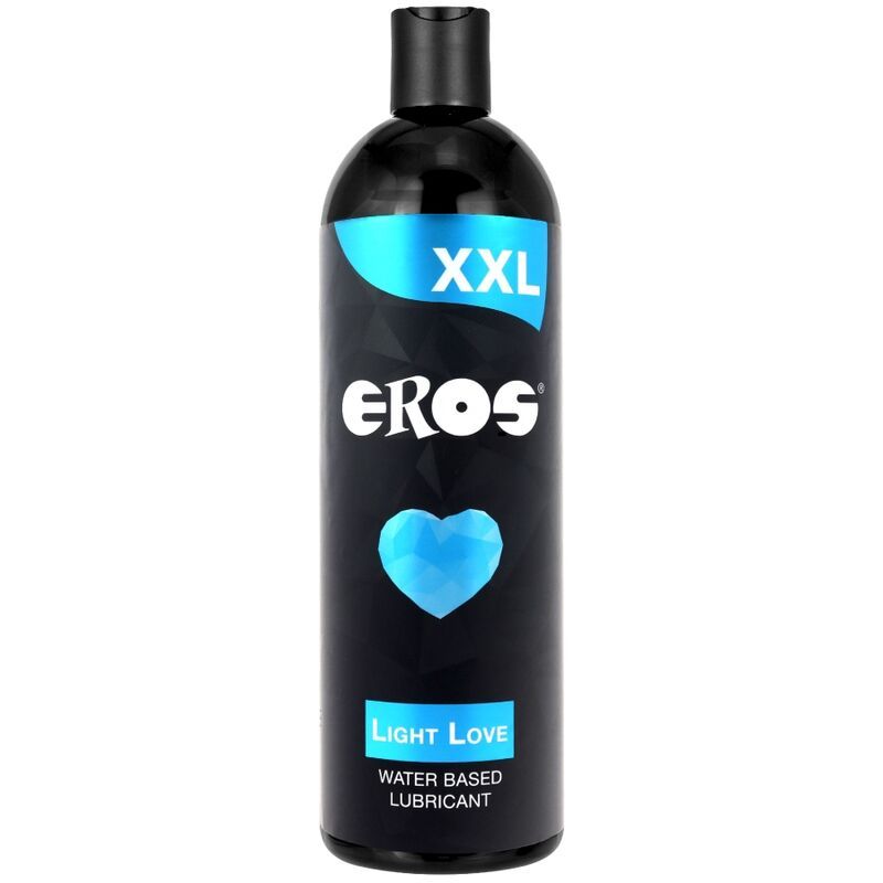 Eine schwarze Flasche. Aufschrift: XXL, Eros, Light Love, Wasserbasiertes Gleitmittel. Blaue Herzform.