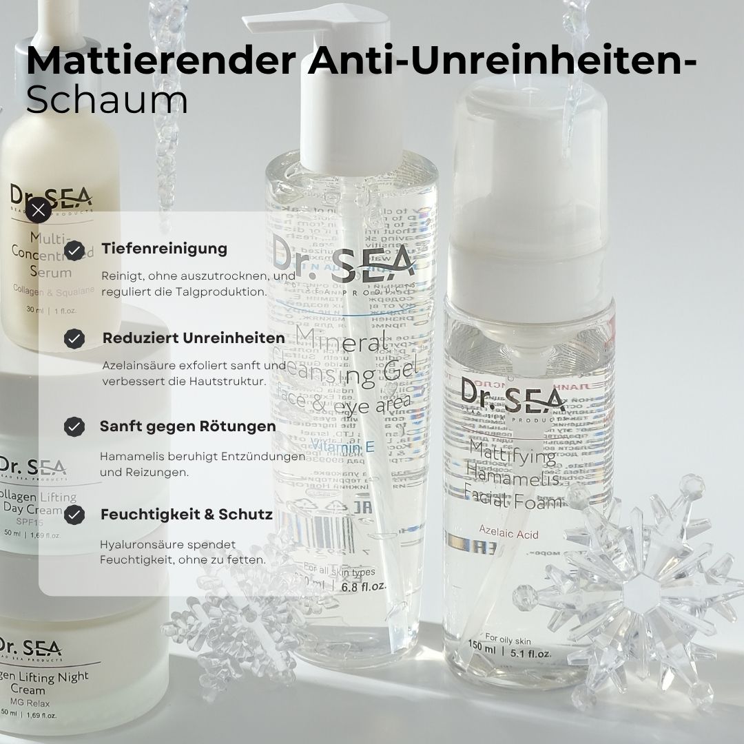Mehrere Produkte. Dr. SEA-Produkte, darunter Mattierender Anti-Unreinheiten-Schaum. Text und Symbole.