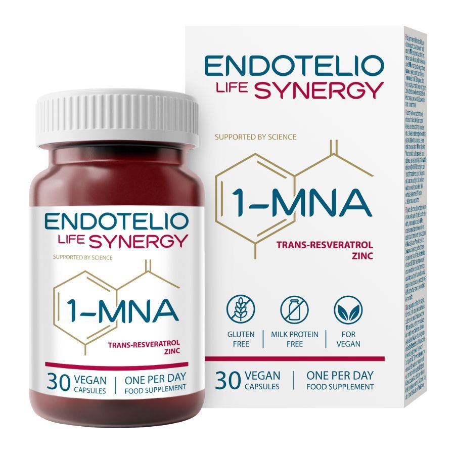 Braune Flasche und Schachtel. Endotelio Life Synergy, 1-MNA, Trans-Resveratrol, Zink. 30 Kapseln. Vegan.