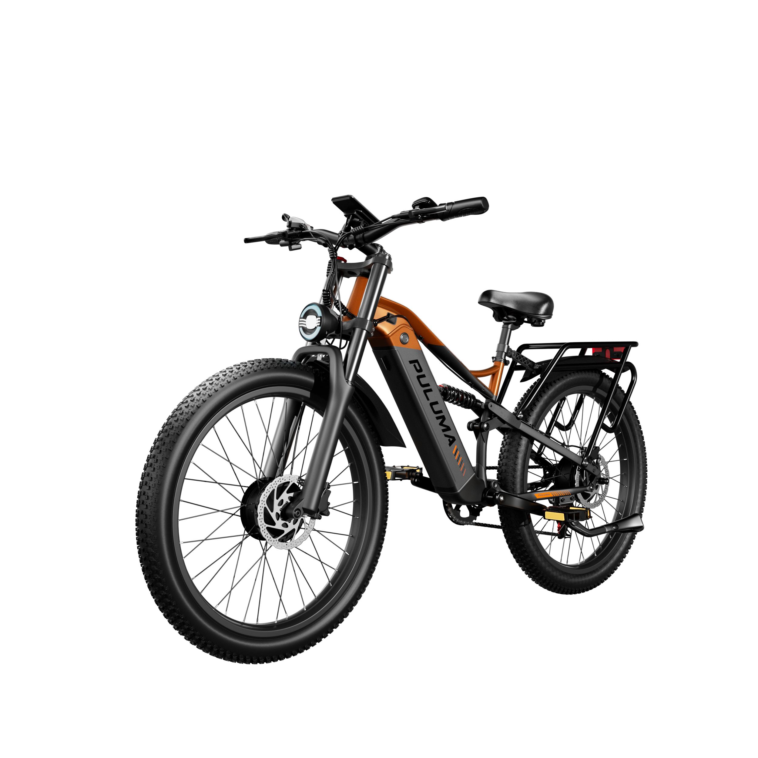 Elektrofahrrad PULUMA PE86 Pro mit Doppelmotor. Orangefarbener Rahmen, schwarze Reifen und Gepäckträger. Nahaufnahme.