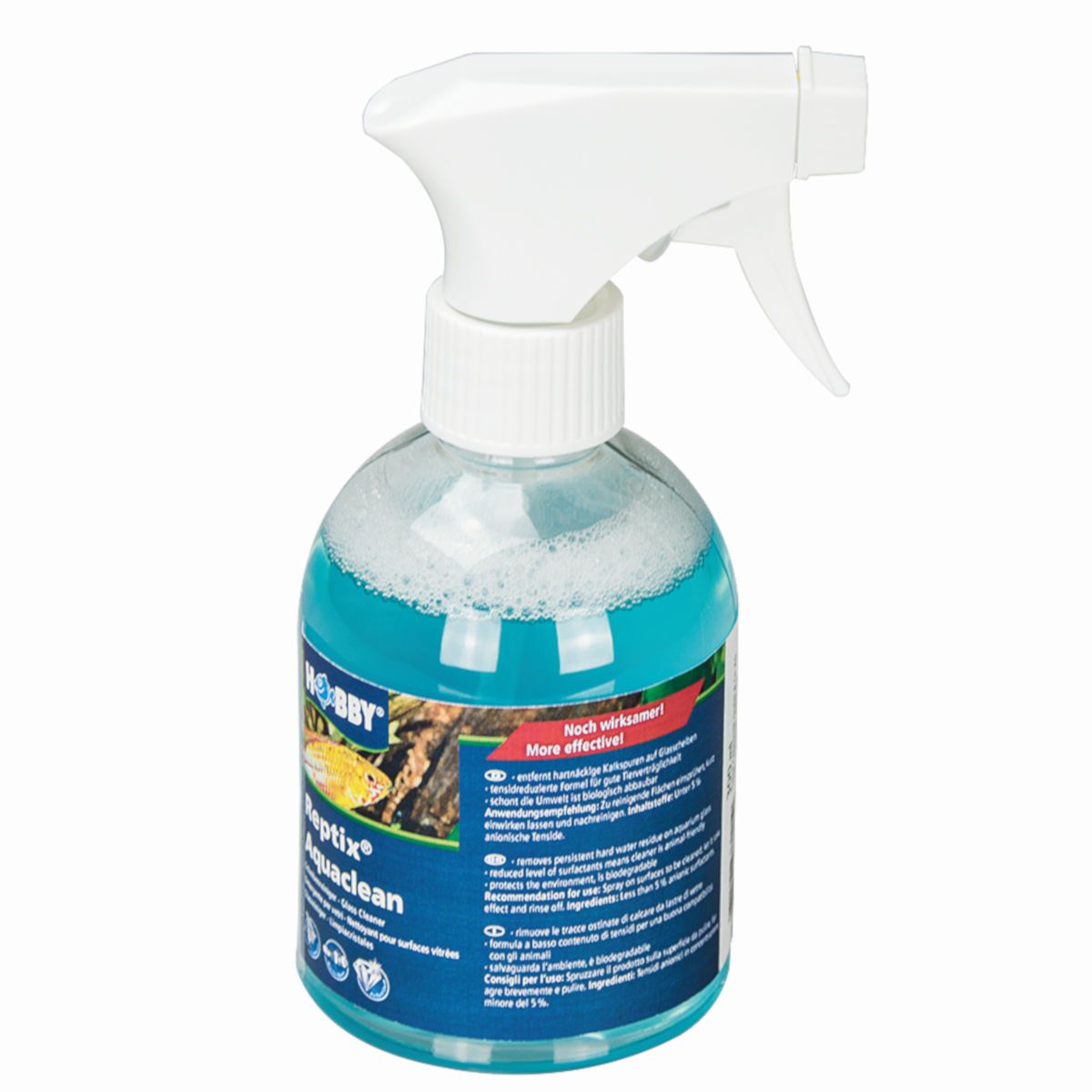 Sprühflasche mit blauem Inhalt. Etikett mit Produktname und Logo. Weißer Sprühkopf.