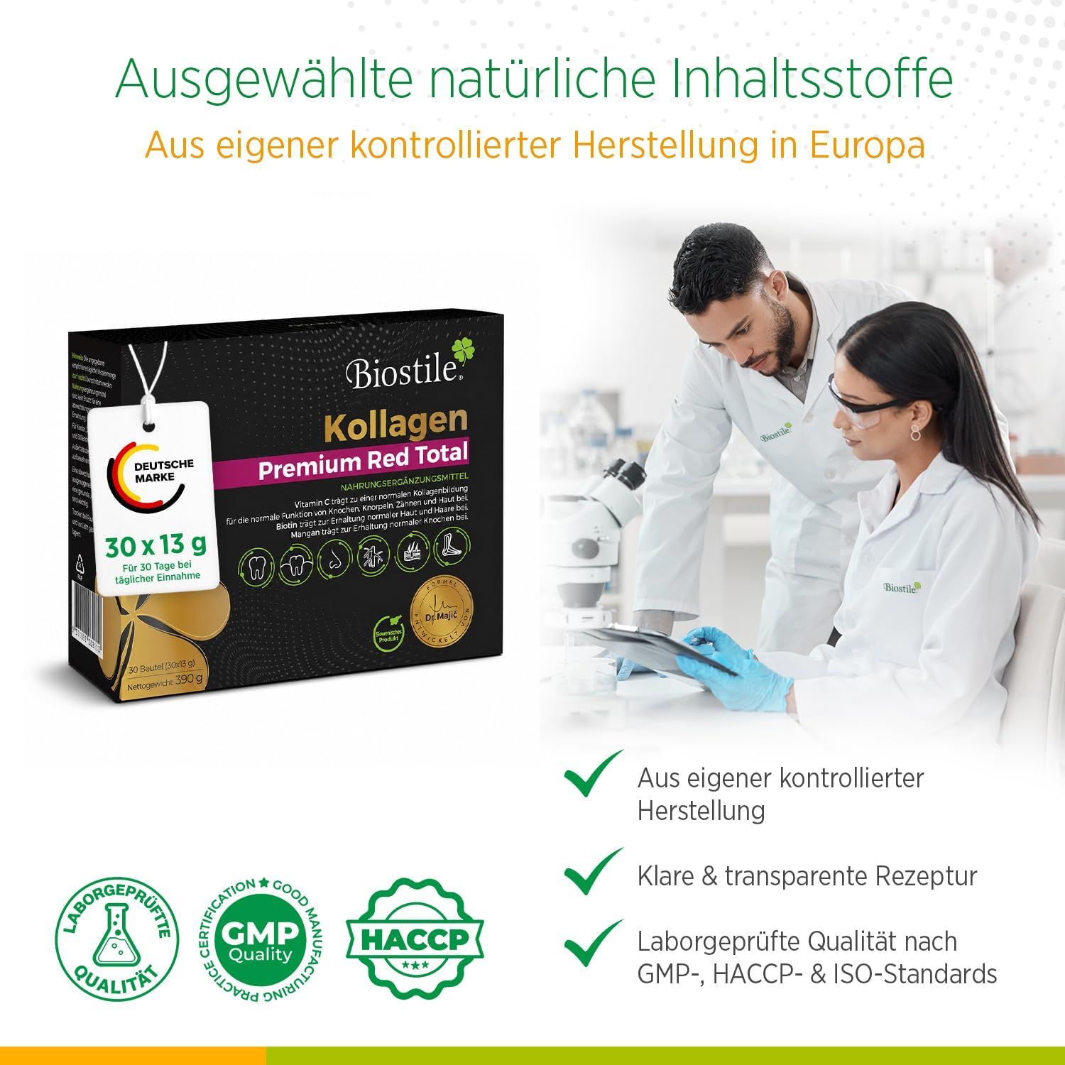 Biostile Collagen Premium Red Total Packung, Laboranten, Qualitätszertifikate.