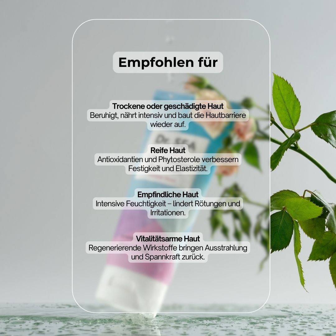 Creme-Tube mit Text und Diagramm. Aufschrift: Ultra Hydrating Body Cream, Damask Rose. Marke: Dr. SEA.