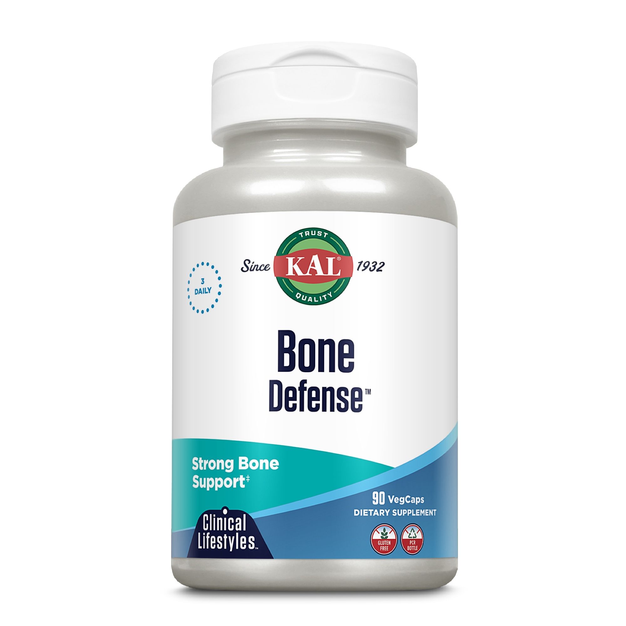Eine Flasche Bone Defense. Auf der Flasche steht Bone Defense, das Logo von KAL und die Aufschrift Strong Bone Support.