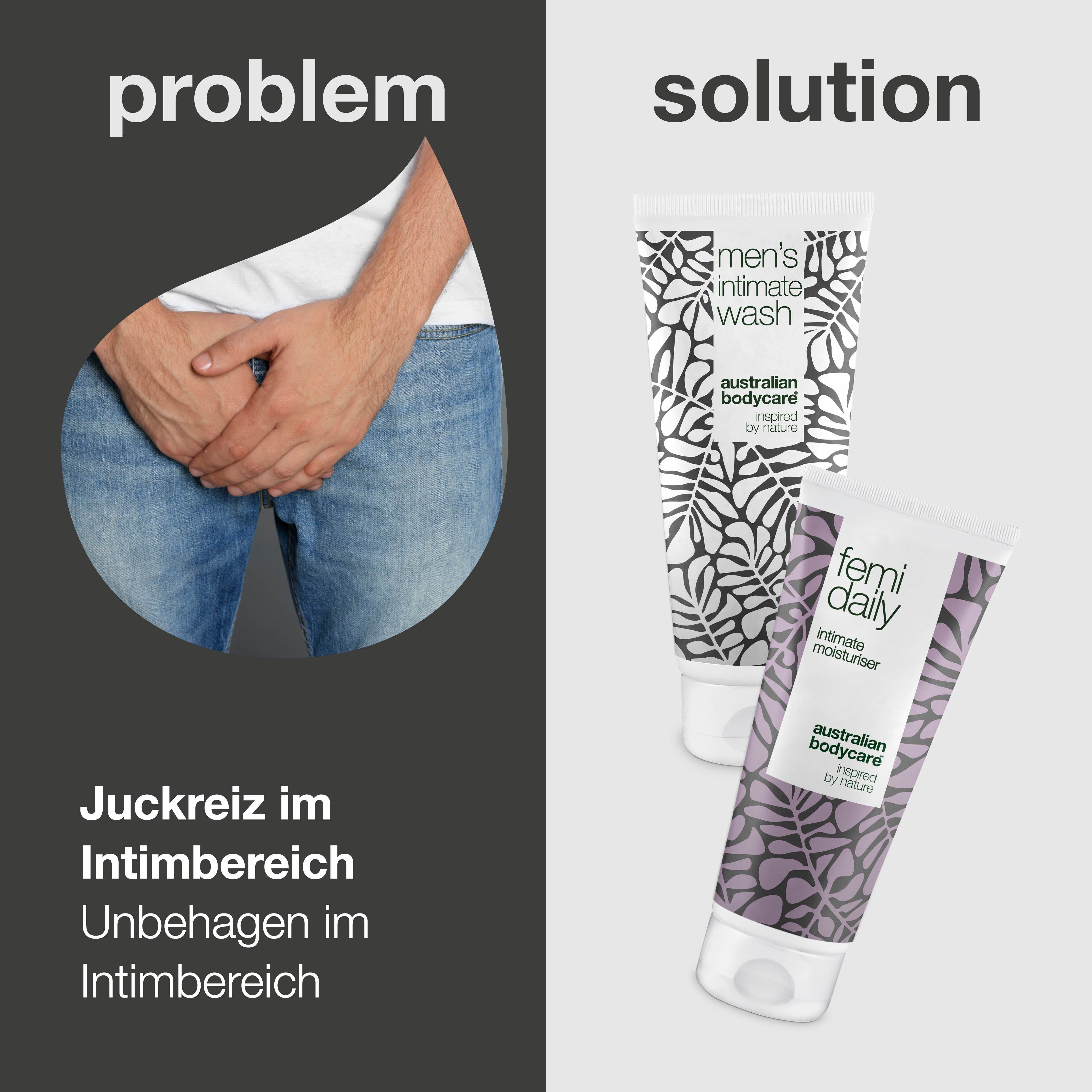 Mann hält Hände im Intimbereich. Daneben: Intimwaschgel und Feuchtigkeitspflege. Text: Problem/Solution.