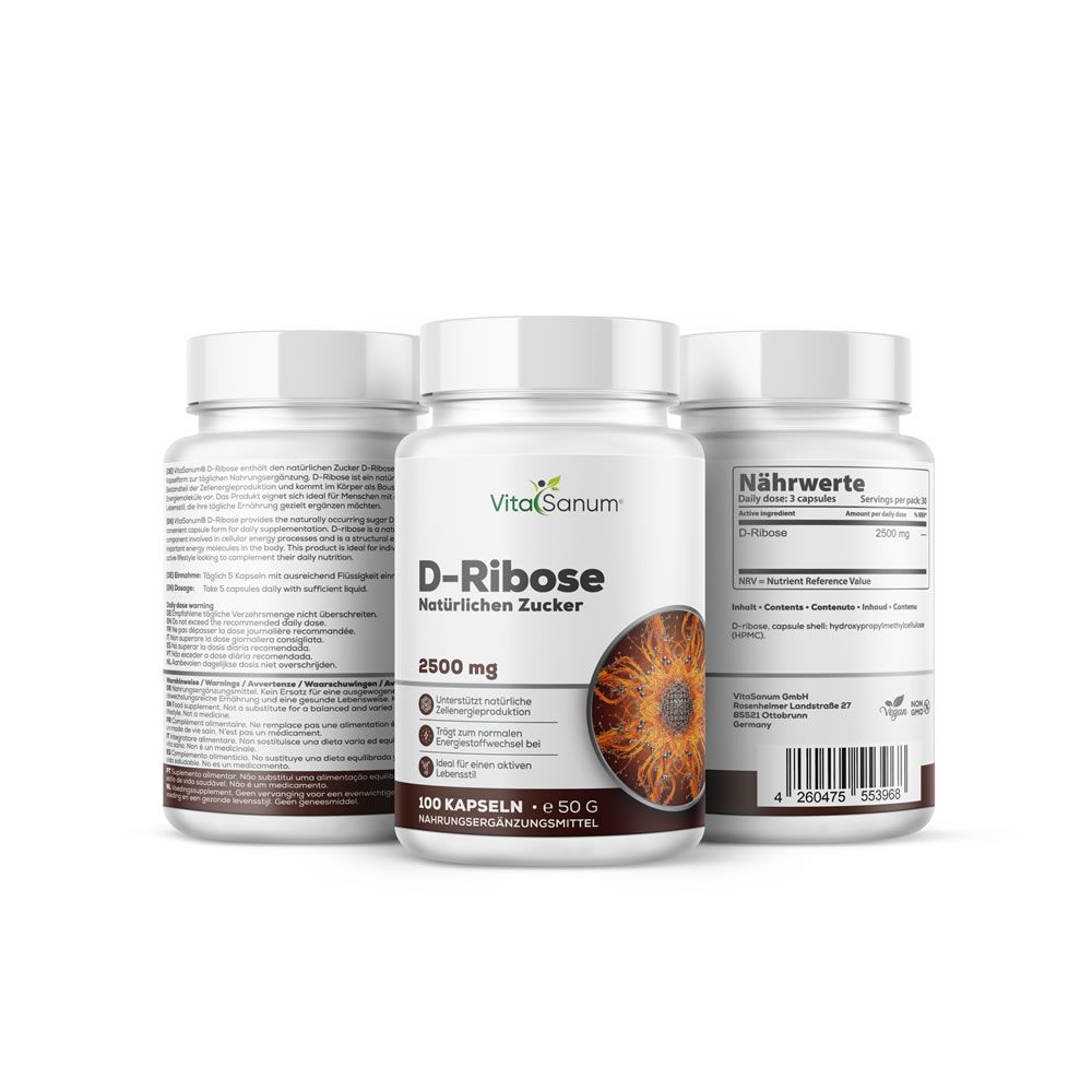 Drei Flaschen VitaSanum D-Ribose. Aufschrift: 2500 mg, 100 Kapseln, 50 g. Abbildung eines braunen Kreises. Rückseite mit Text.