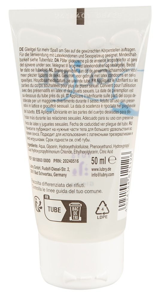 Rückseite einer Tube "JUST GLIDE TOYS". Text in mehreren Sprachen, u.a. Deutsch, Englisch, Französisch, Italienisch, Russisch. 50 ml.