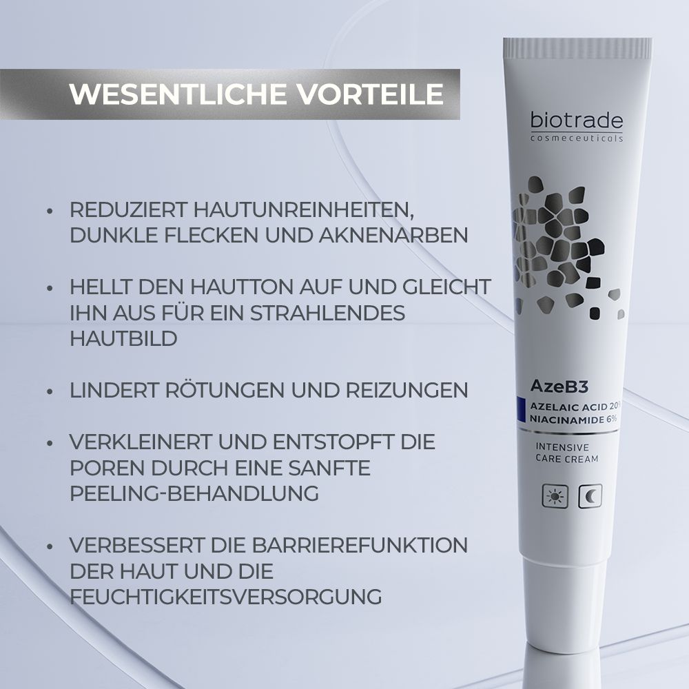 Weiße Tube mit Produktinformationen. Text: AzeB3 Intensivpflegecreme. Enthält Azelainsäure und Niacinamid. Aufschrift: Biotrade.