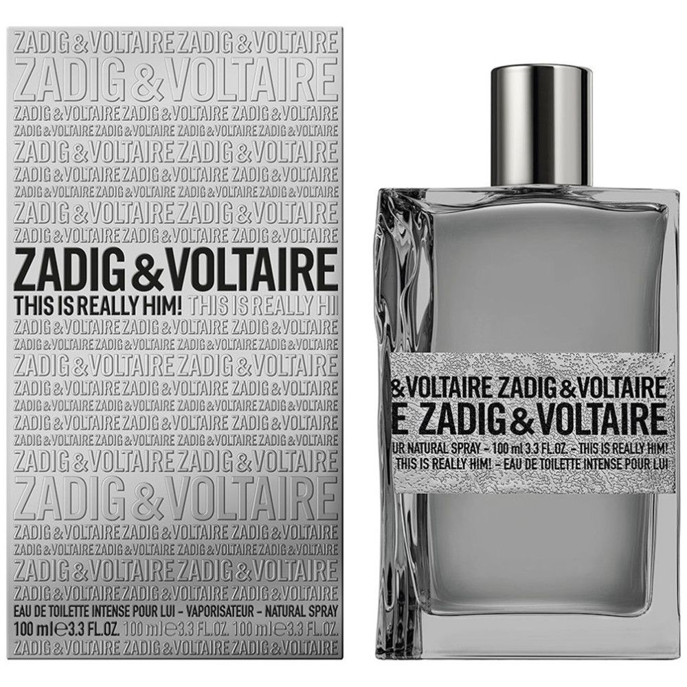 Graue rechteckige Flasche und Verpackung. Aufschrift: ZADIG & VOLTAIRE THIS IS REALLY HIM! Eau de Toilette.