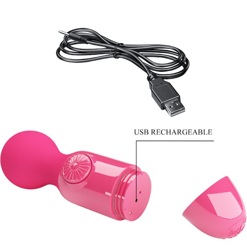 Pinker Mini-Massagestab, USB-Ladekabel und abnehmbare Kappe.