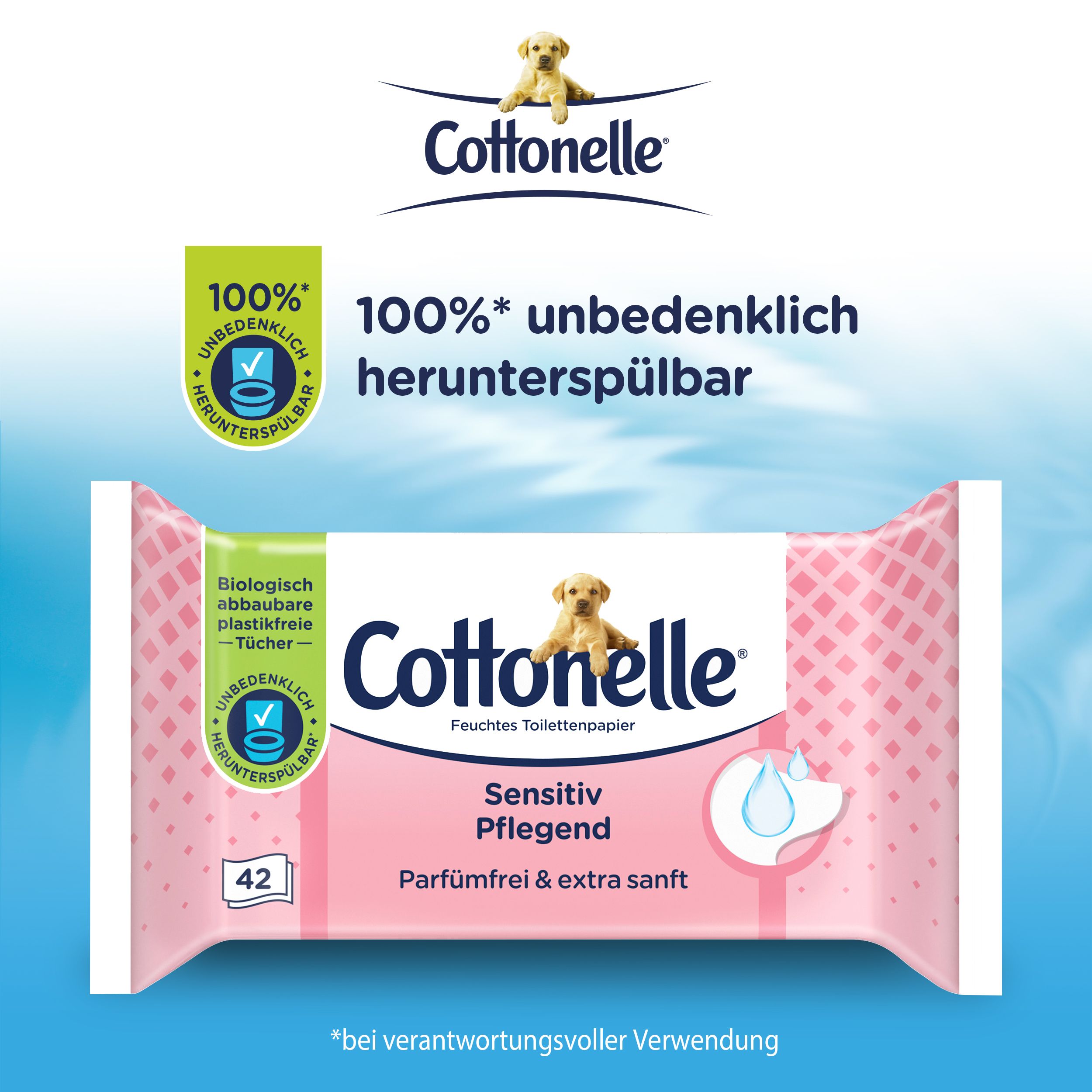 Rosa Cottonelle-Packung mit 42 Tüchern. Text: "Sensitiv Pflegend", "Parfümfrei & extra sanft". Logo: Cottonelle und ein Hundewelpen.