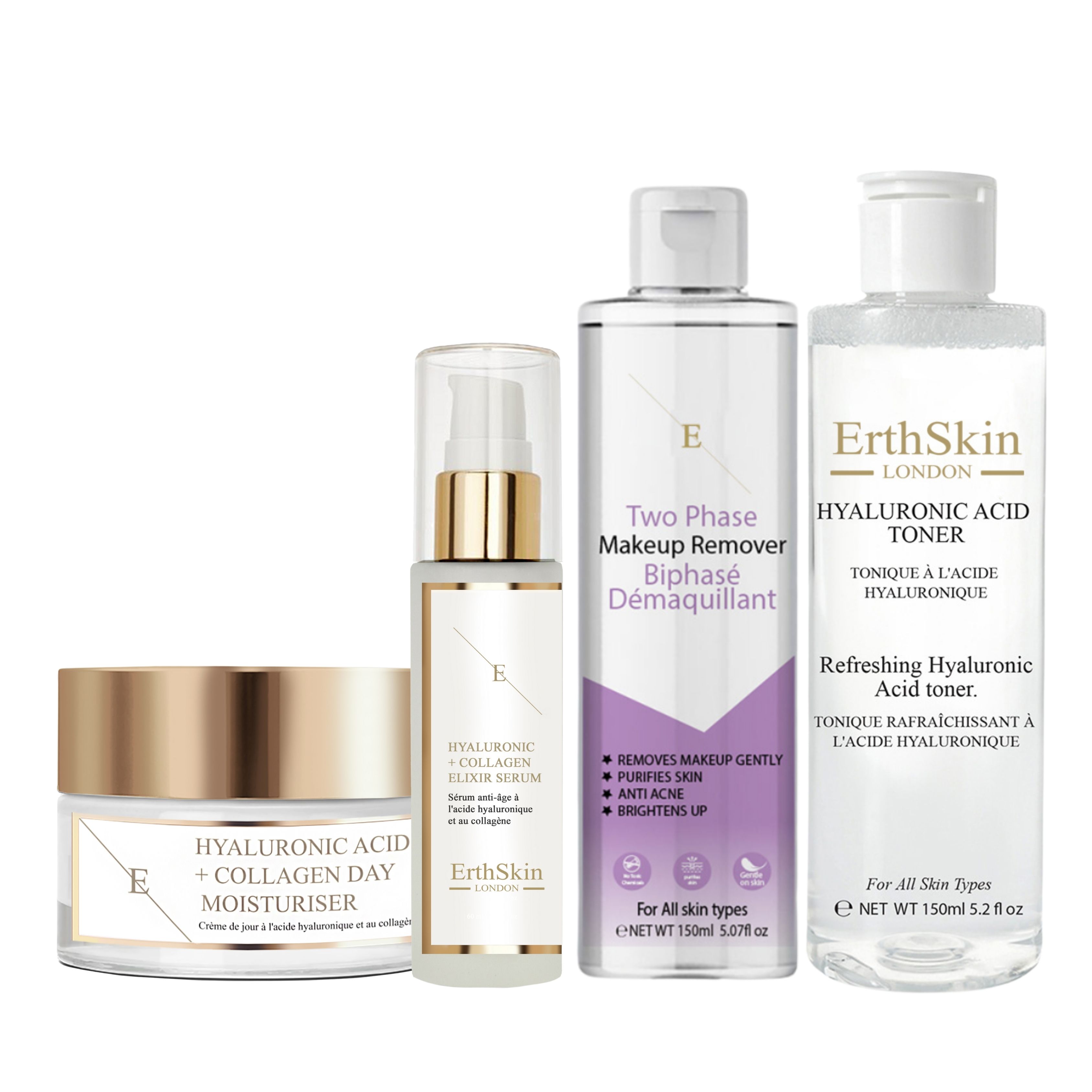 Vier Kosmetikprodukte: Tagescreme, Serum, Make-up-Entferner und Toner. Alle Produkte haben weiße Etiketten mit Text und Goldakzenten.