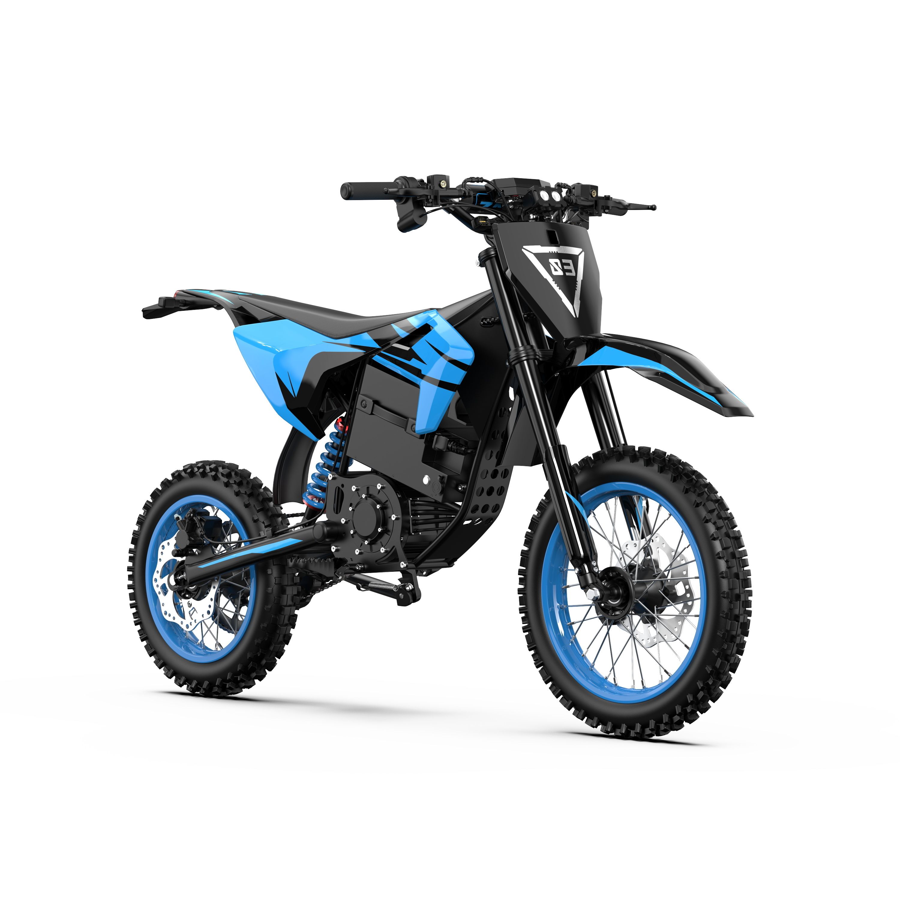 Elektro-Motocross-Motorrad, schwarz und blau. Blaue Felgen, schwarze Reifen. Sichtbar: Marke "S3".