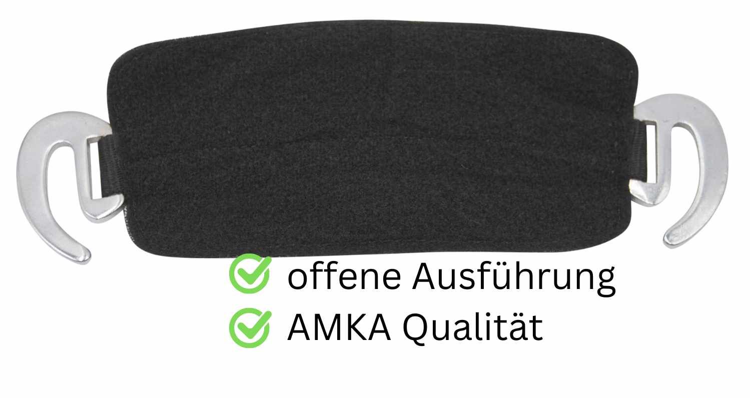 Schwarze Steigbügelaufhängung mit silberfarbenen Haken. Text: 'offene Ausführung' und 'AMKA Qualität'.