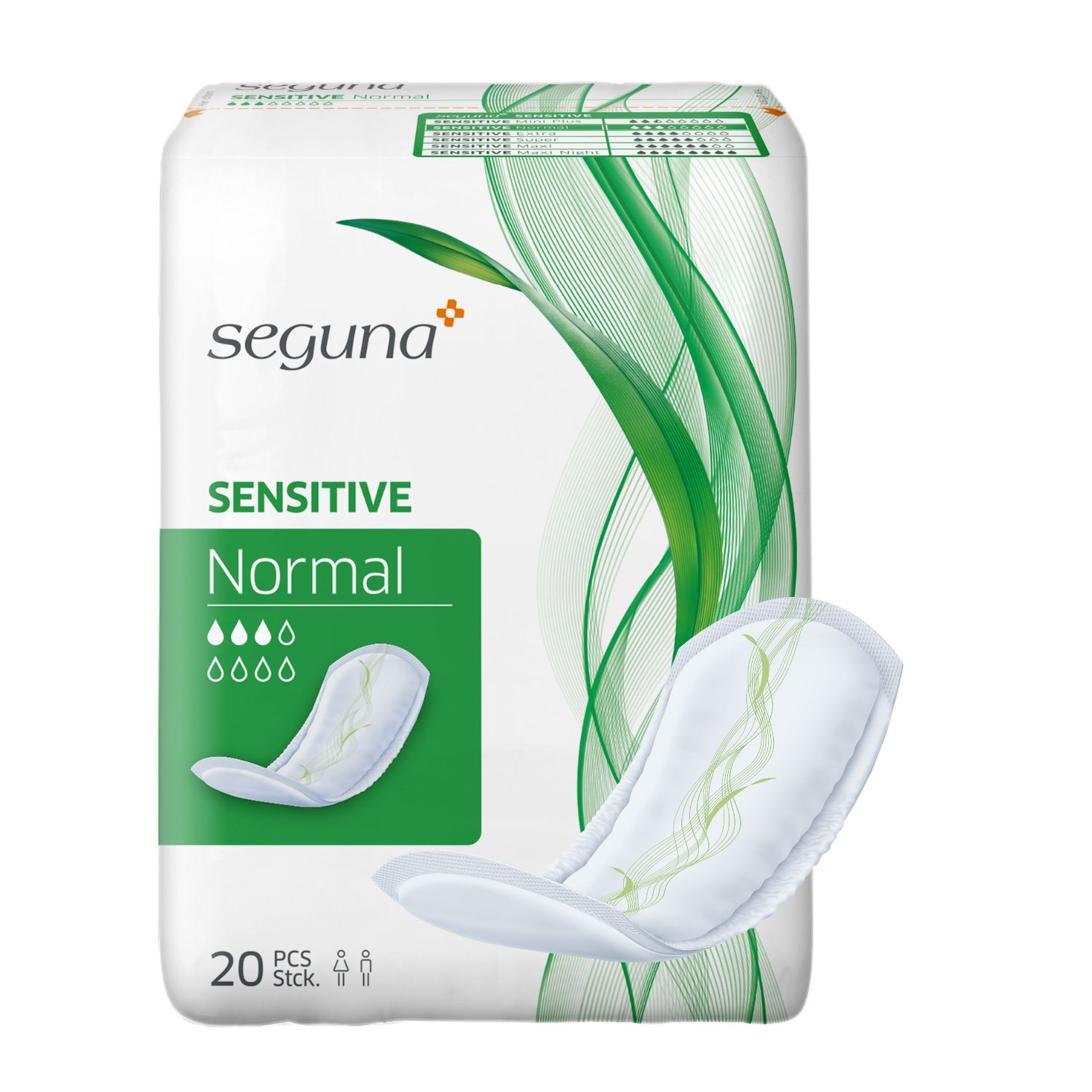 Verpackung von SEGUNA Sensitive Normal. Enthält 20 Stück. Produkt und Verpackung sind weiß.