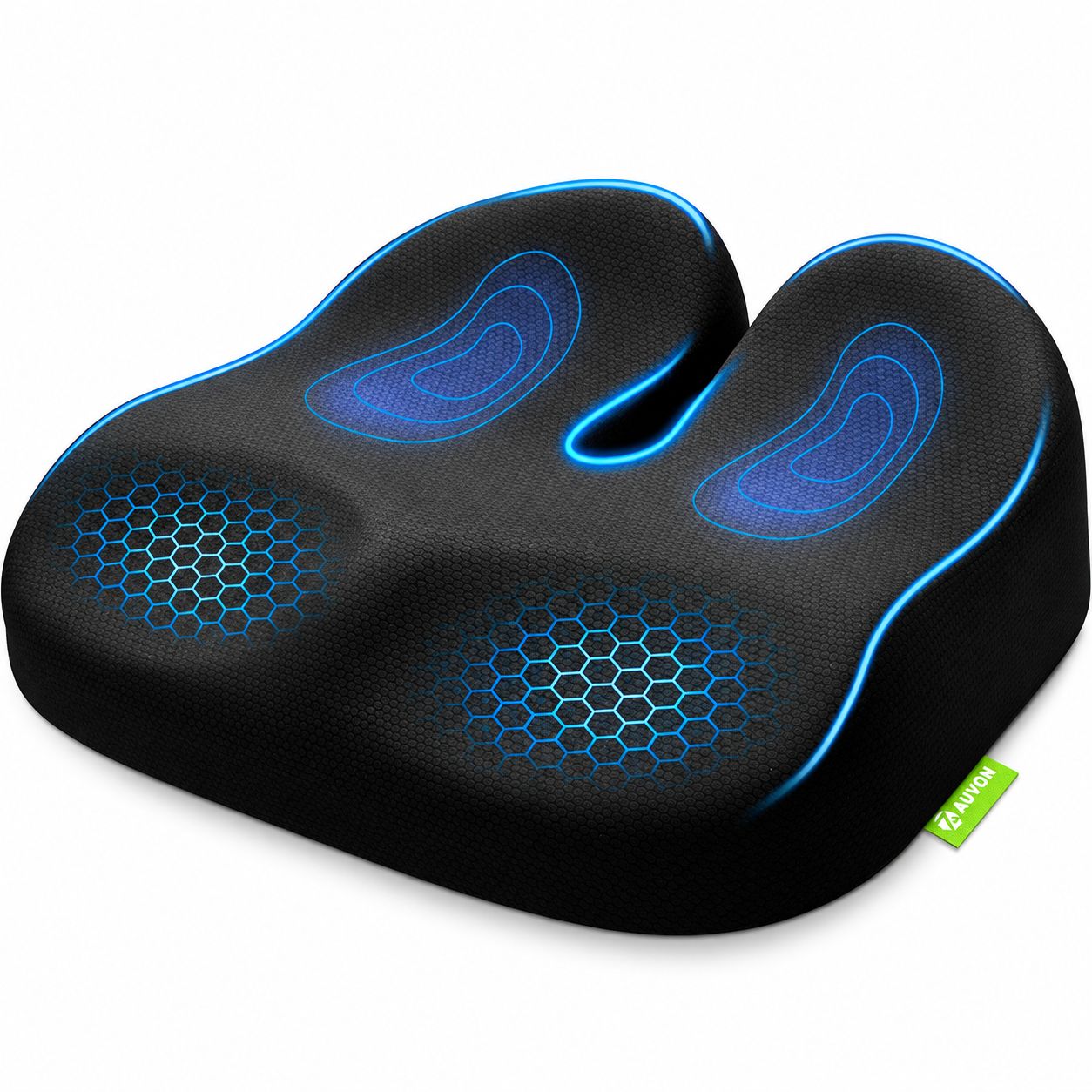 Ergonomisches Sitzkissen mit U-förmiger Aussparung, blau-schwarzes Design.