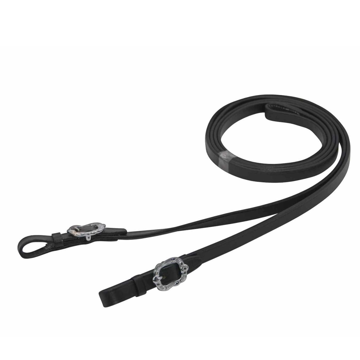 Schwarze Lederzügel mit silbernen Schnallen. Geschwungenes Design.