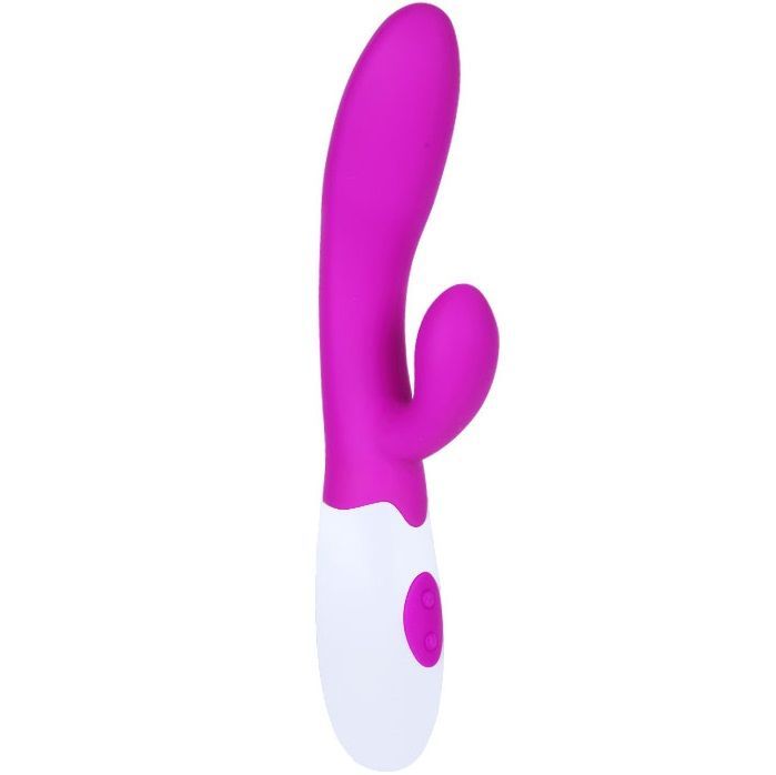 Lila Vibrator mit weißem Kopf. Zwei Knöpfe. Ergonomische Form. Aus Silikon.