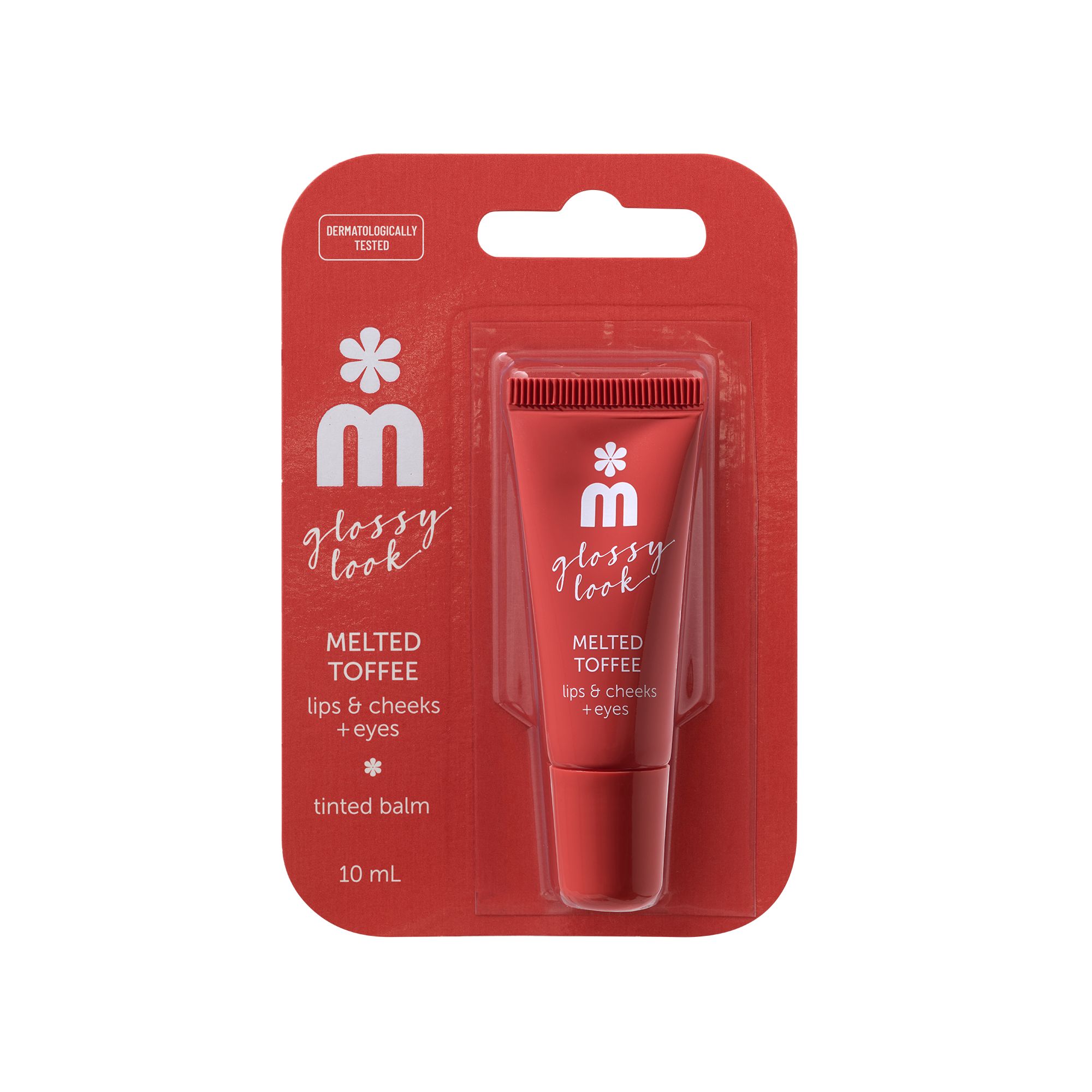 Produktverpackung mit roter Tube, "glossy look", "Melted Toffee", 10 ml.