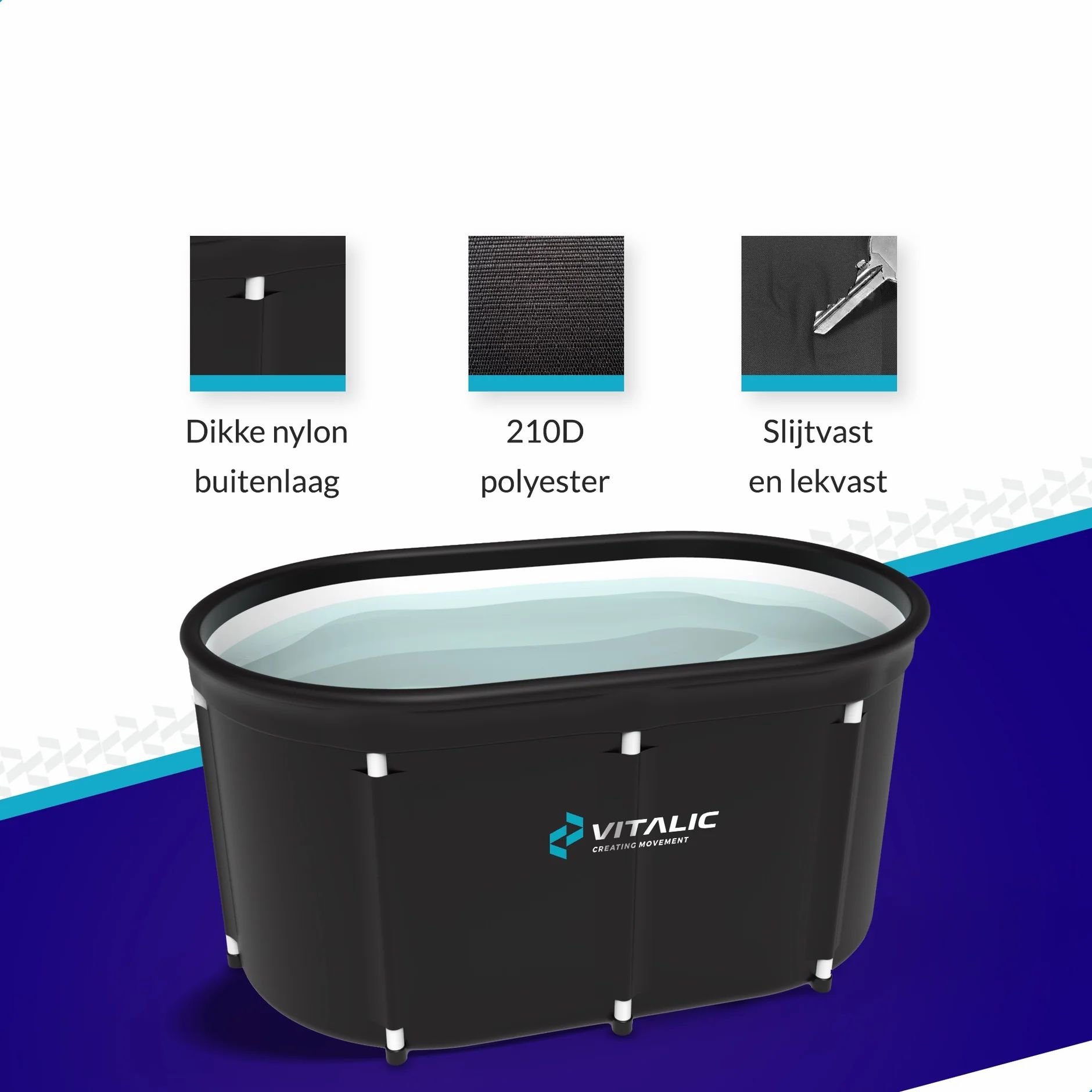 Schwarzes, ovales Eisbad mit Wasser. VITALIC-Logo. Text: Dicke Nylon-Außenschicht, 210D Polyester, Verschleißfest.