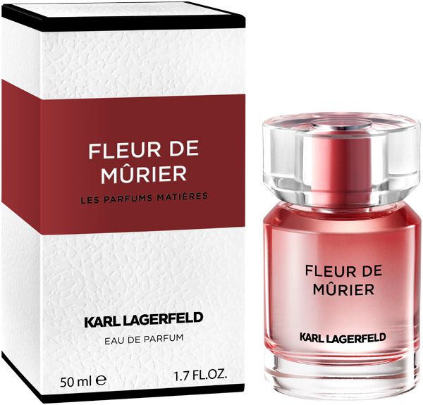 Fleur De Mûrier Eau de Parfum Spray. Flakon und Verpackung. Weißer Karton mit rotem Streifen. Aufschrift: Karl Lagerfeld.