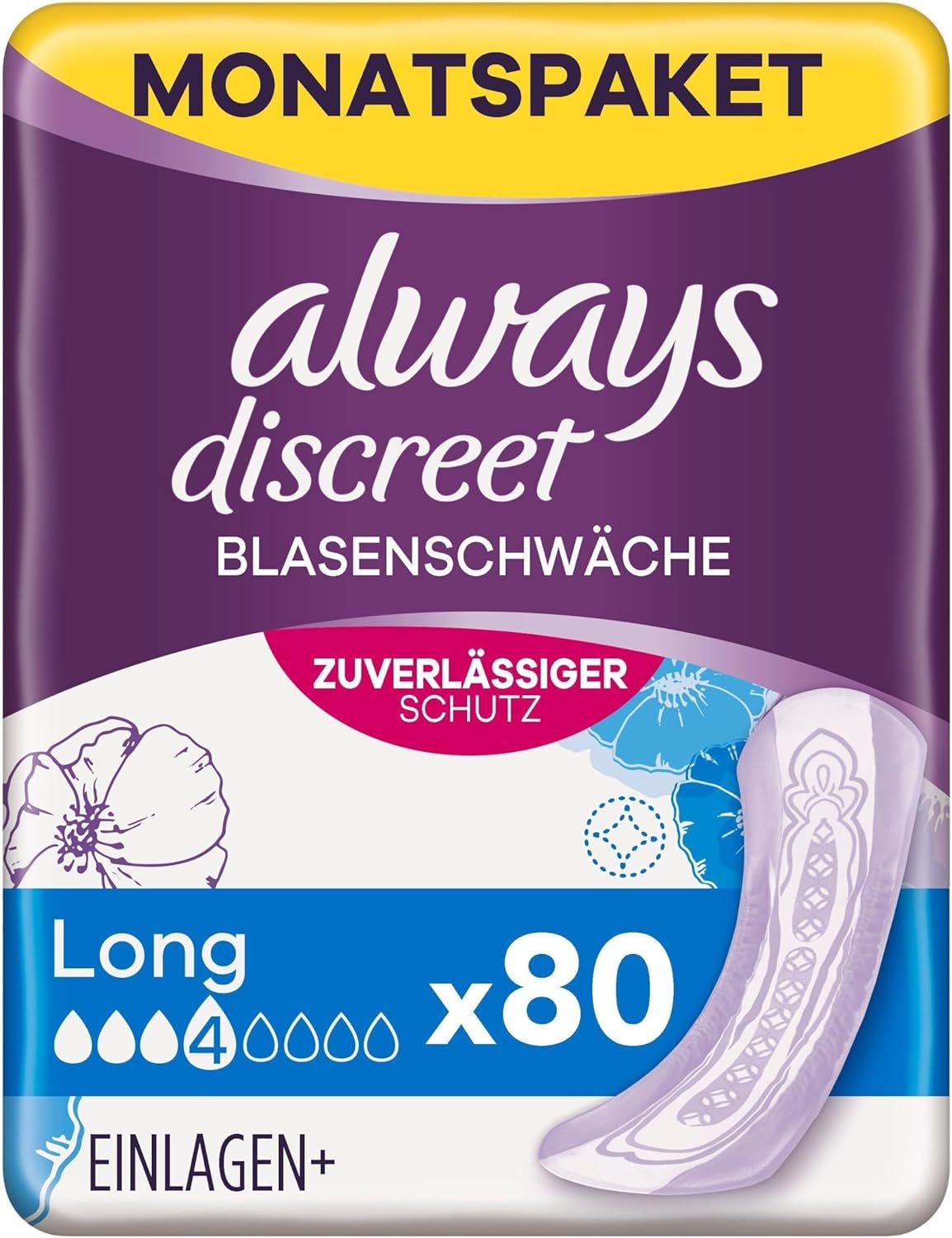 Verpackung Always Discreet Inkontinenzeinlagen Long. Monatspaket mit 80 Einlagen. Produktabbildung.