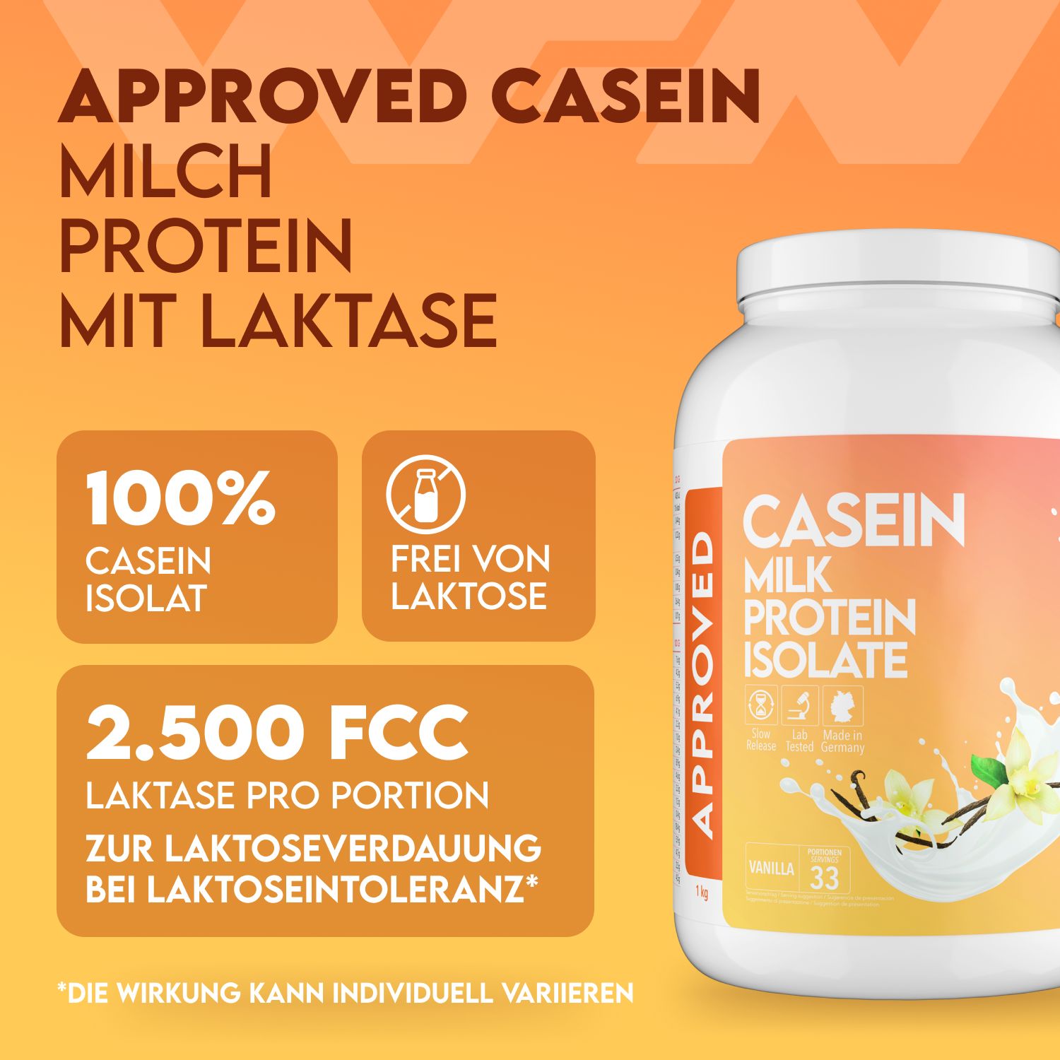 Weiße Dose mit Casein Milk Protein Isolate. Aufschrift: APPROVED, Casein, Milch Protein Isolat, 100% Casein Isolat, frei von Laktose.