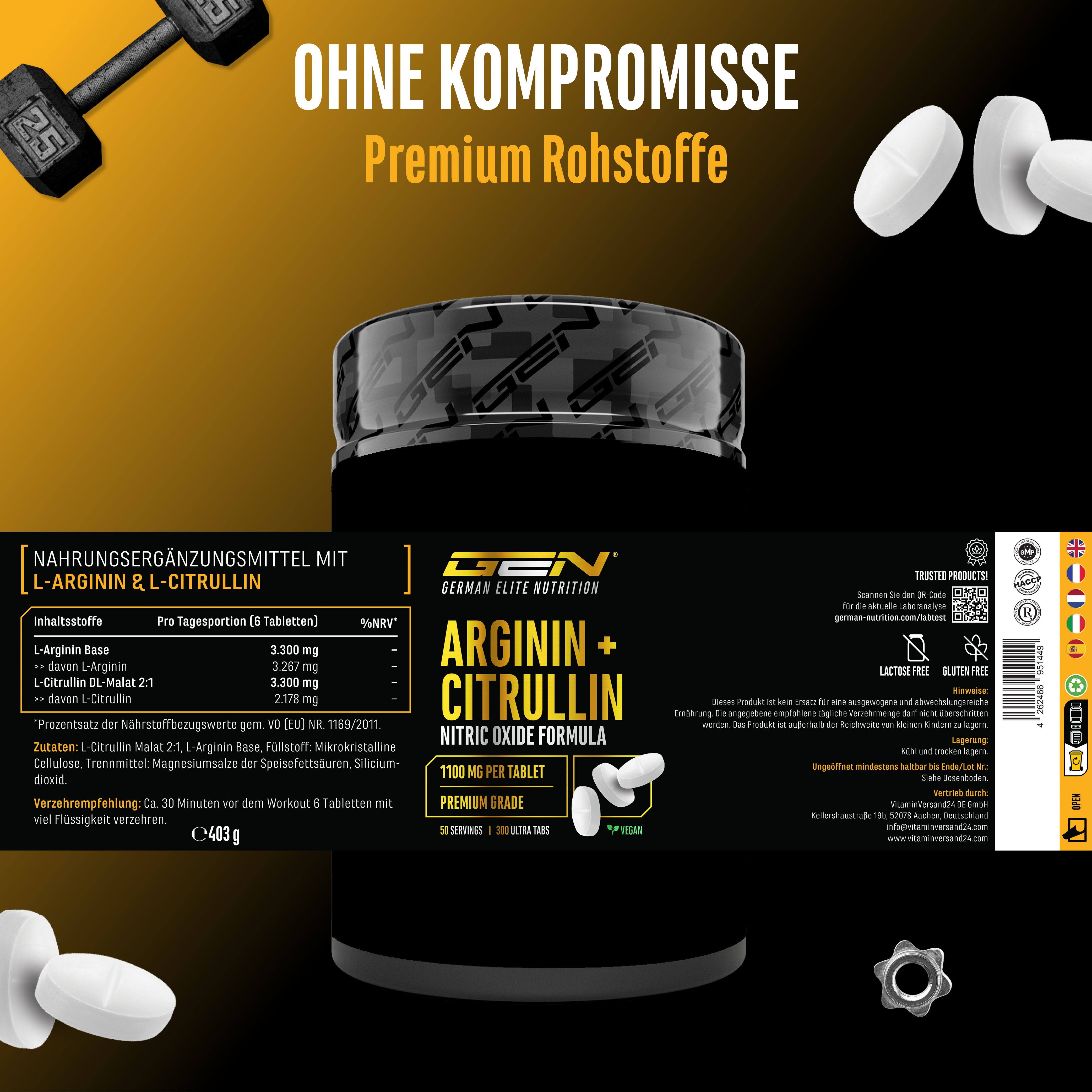 GEN Arginin + Citrullin Tabletten. Schwarze Dose mit Etikett. L-Arginin & L-Citrullin. 1100 mg pro Tablette. Premium Grade. Vegan.