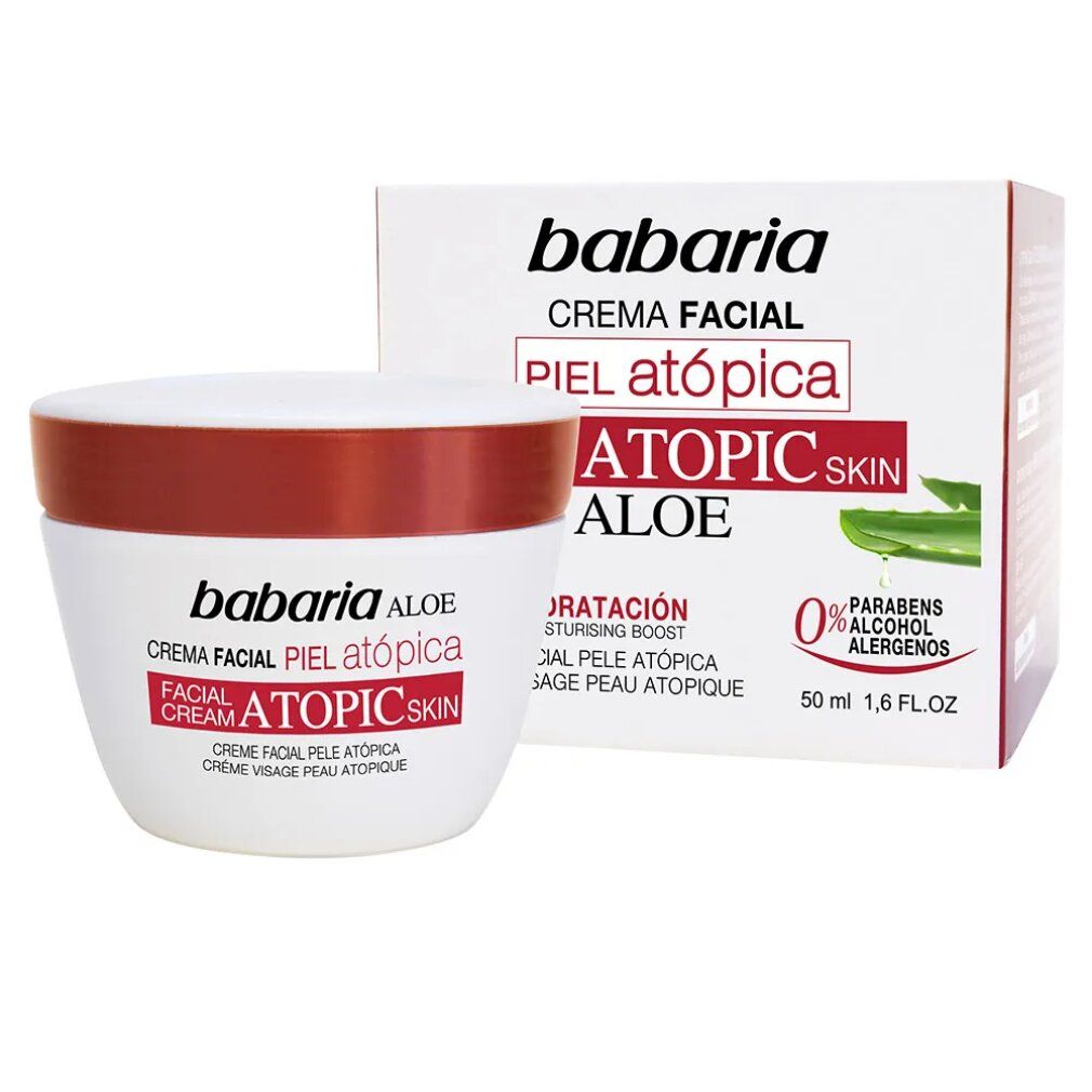 Creme-Tiegel und Schachtel. Aufschrift Babaria, Creme Facial, Piel Atópica, Aloe. 0% Parabene, Alkohol, Allergene. Aloe-Blatt-Illustration.