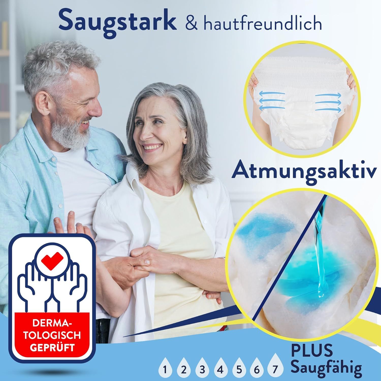 Windelhose mit blauer Flüssigkeit. Produktmerkmale: saugstark, atmungsaktiv, dermatologisch getestet. Abgebildet mit älterem Paar.
