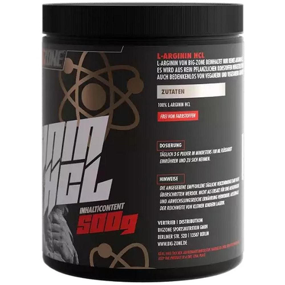 Schwarze Dose mit "Arginin HCl" und "500g Inhalt". Zutatenliste und Dosierungshinweise.