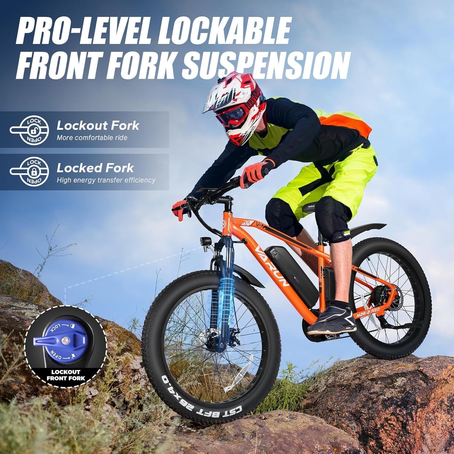 Person fährt orangefarbenes E-Mountainbike. Pro-Level Lockable Front Fork Suspension. Lockout-Gabel.