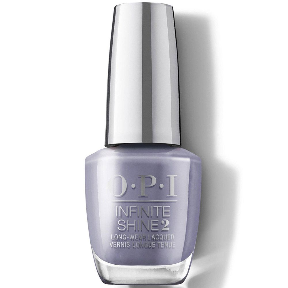 OPI Nagellack Infinite Shine 2 Flasche. Lila Lack, silberner Deckel. Beschriftung sichtbar.